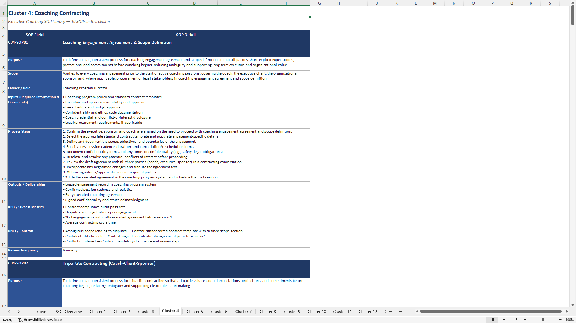 100+ Executive Coaching SOPs (Excel template (XLSX)) Preview Image