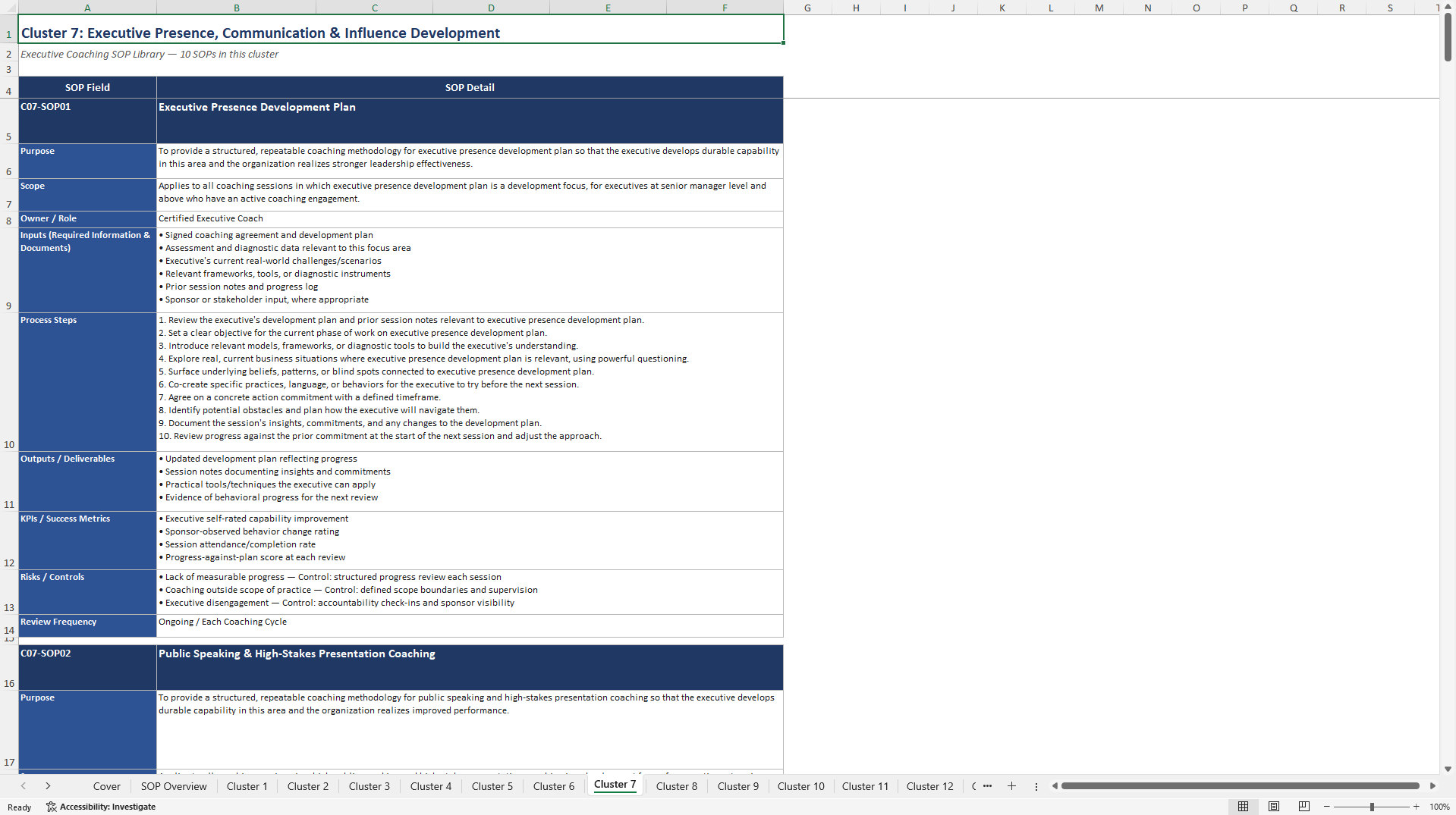 100+ Executive Coaching SOPs (Excel template (XLSX)) Preview Image