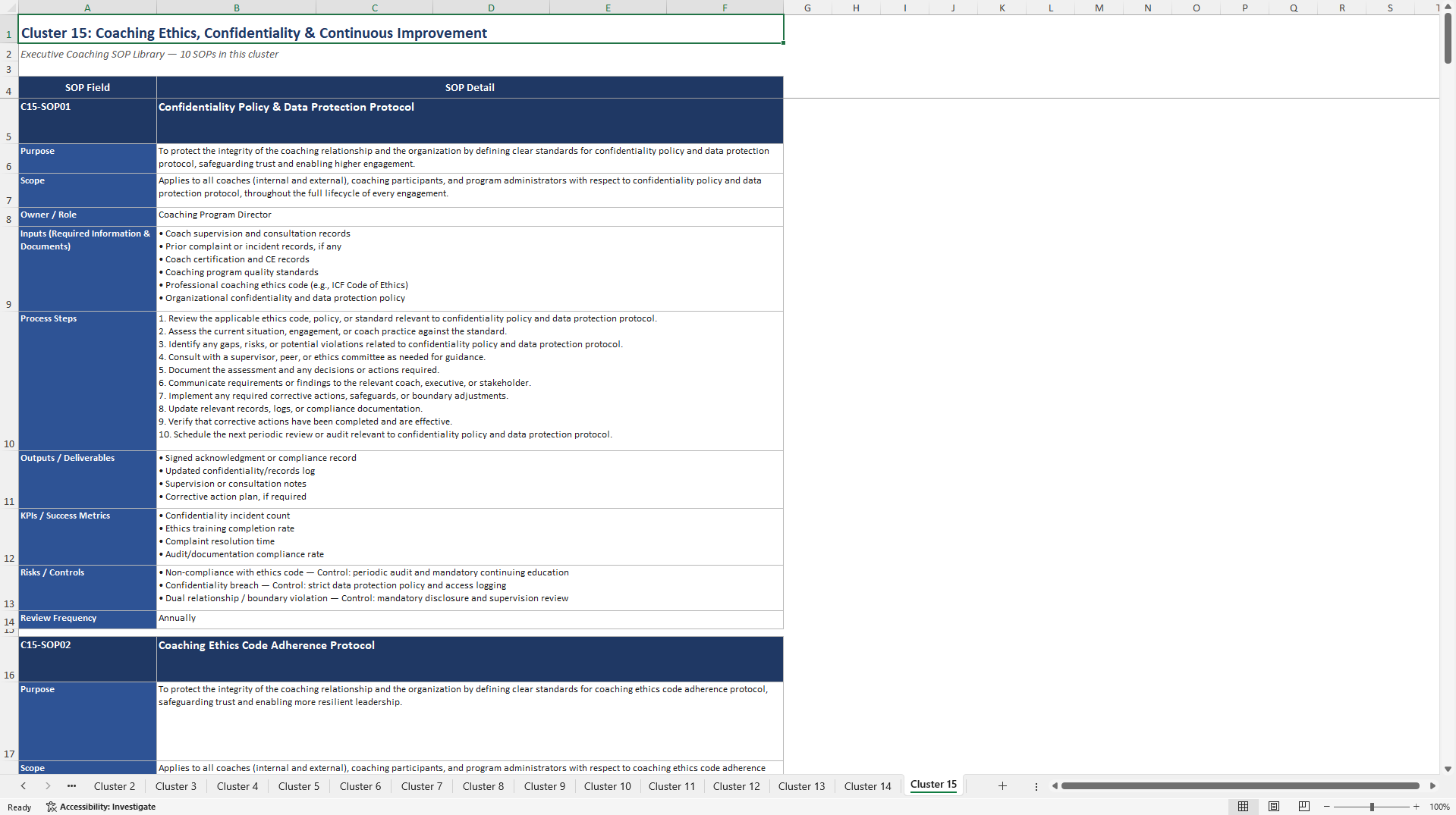 100+ Executive Coaching SOPs (Excel template (XLSX)) Preview Image