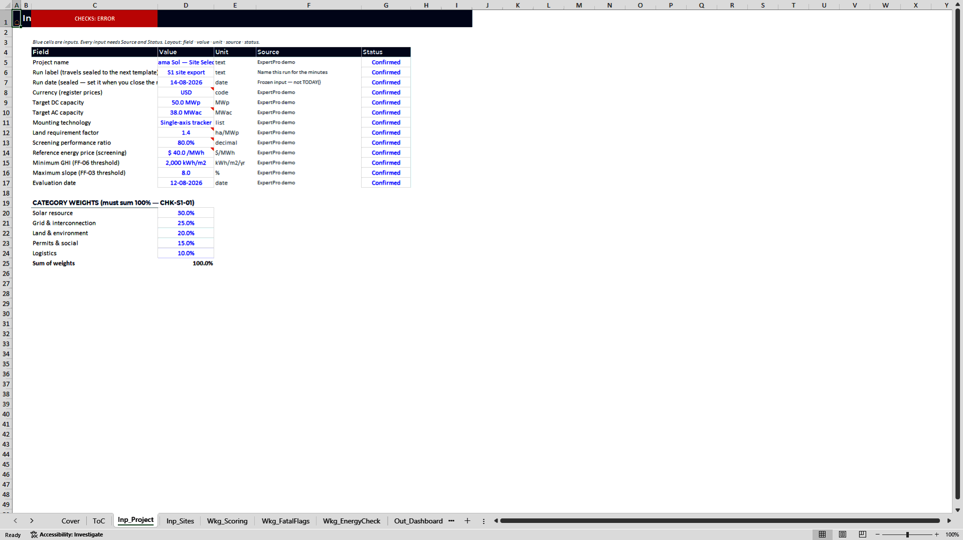 Utility-Scale Solar Site Screening & Energy Yield Pack (Excel template (XLSX)) Preview Image