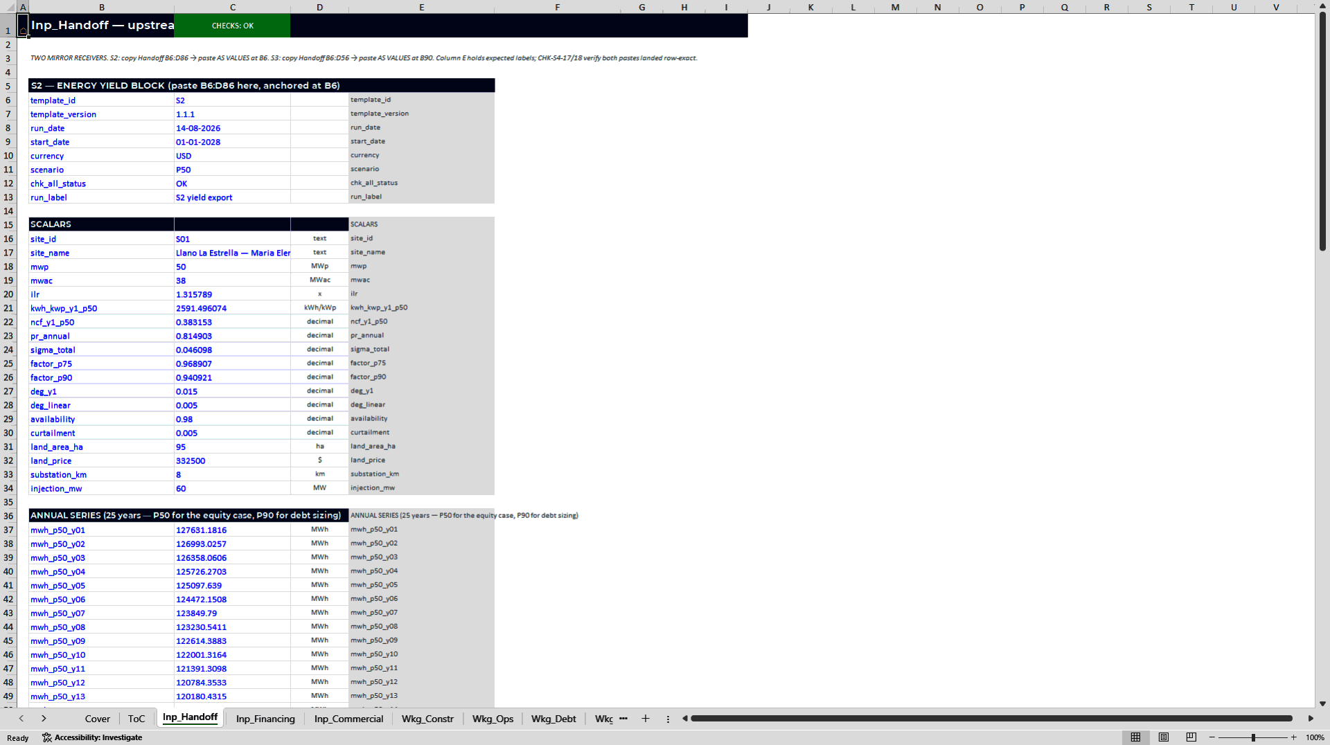 Solar Project Finance Model: P50/P90, PPA & Sculpted Debt (Excel template (XLSX)) Preview Image