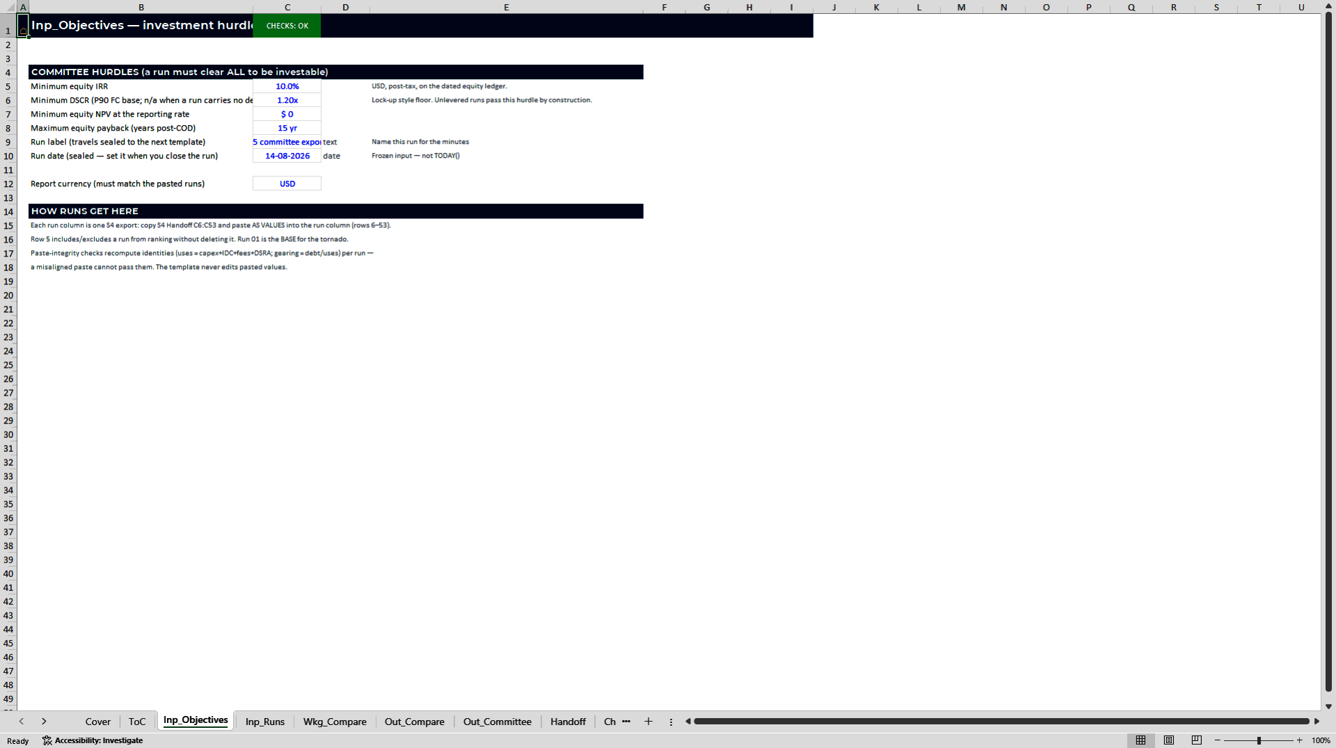 Solar Investment Committee Comparison Dashboard: 12 Runs (Excel template (XLSX)) Preview Image