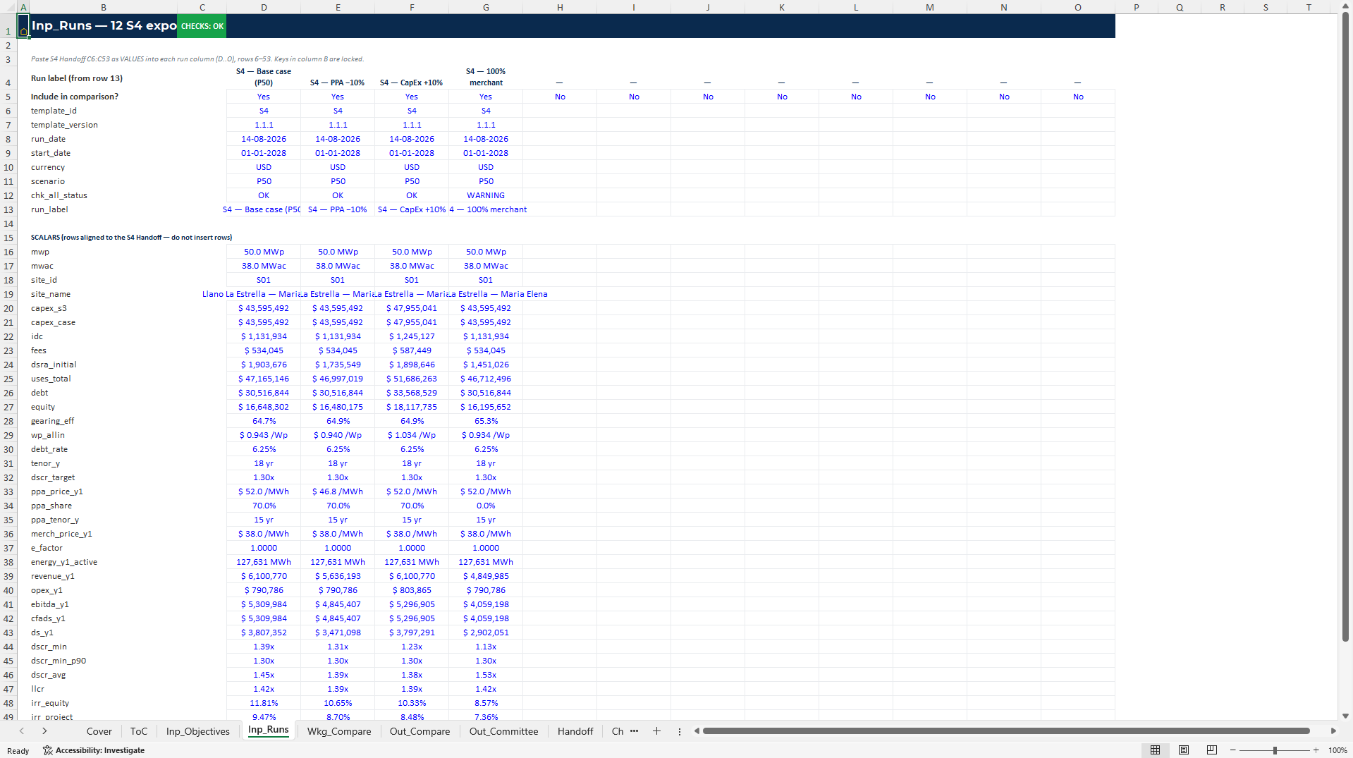 Solar Investment Committee Comparison Dashboard: 12 Runs (Excel template (XLSX)) Preview Image