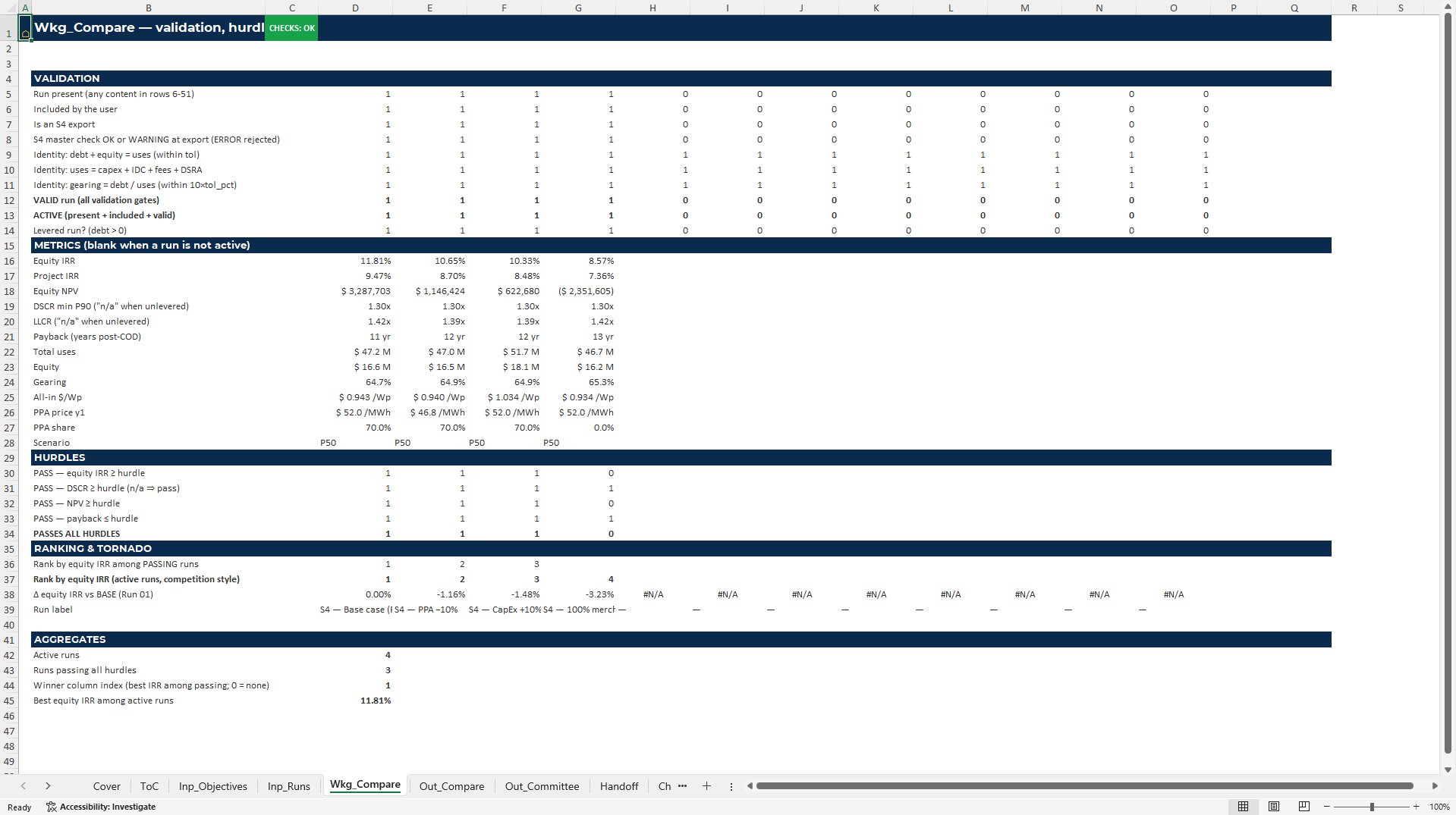 Solar Investment Committee Comparison Dashboard: 12 Runs (Excel template (XLSX)) Preview Image