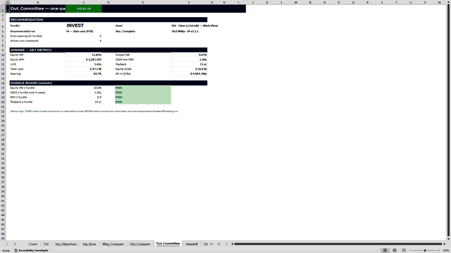 Solar Investment Committee Comparison Dashboard: 12 Runs (Excel template (XLSX)) Preview Image
