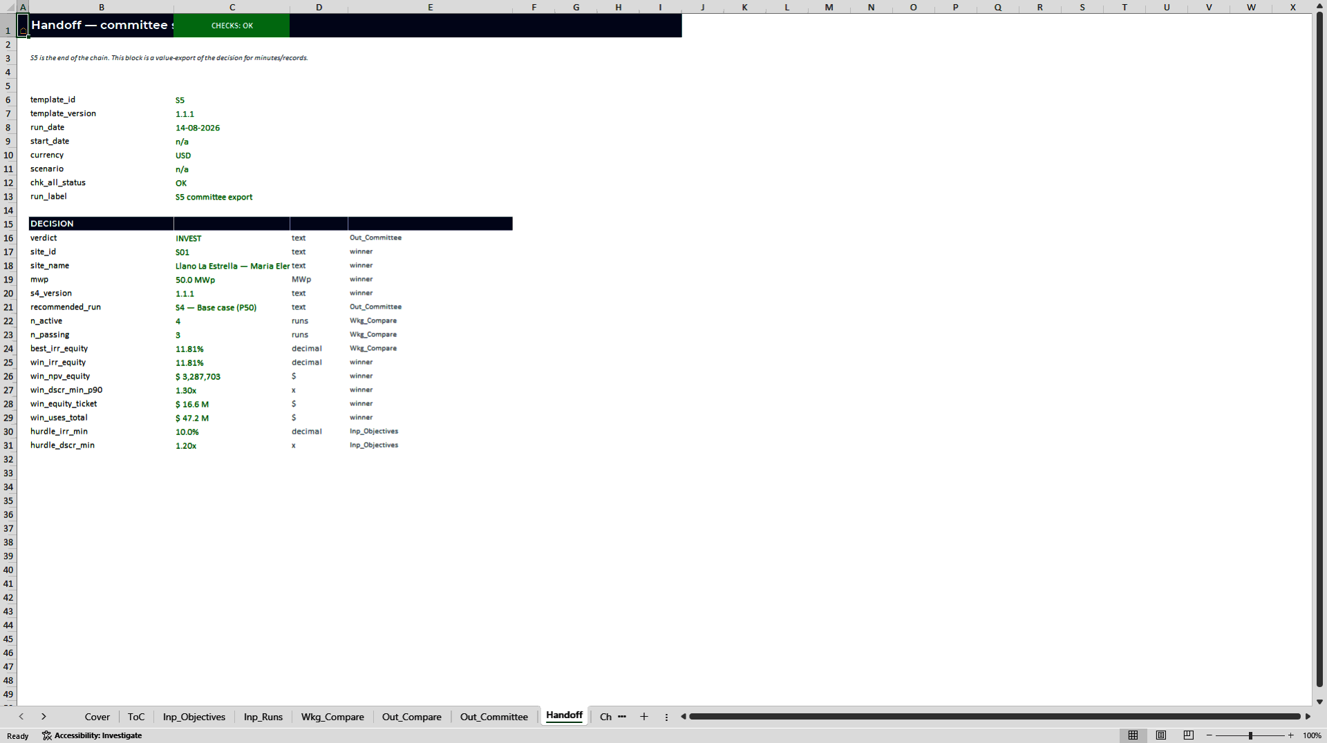 Solar Investment Committee Comparison Dashboard: 12 Runs (Excel template (XLSX)) Preview Image