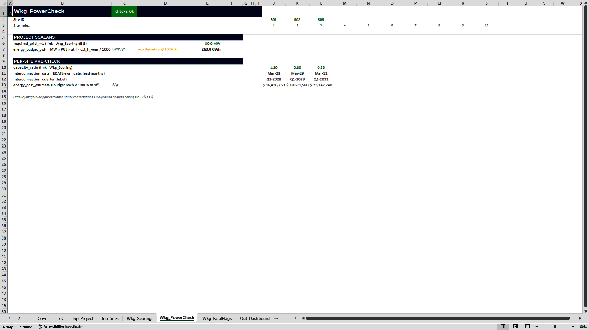 Data Center Site Selection & 10-Year Power Model (Excel template (XLSX)) Preview Image