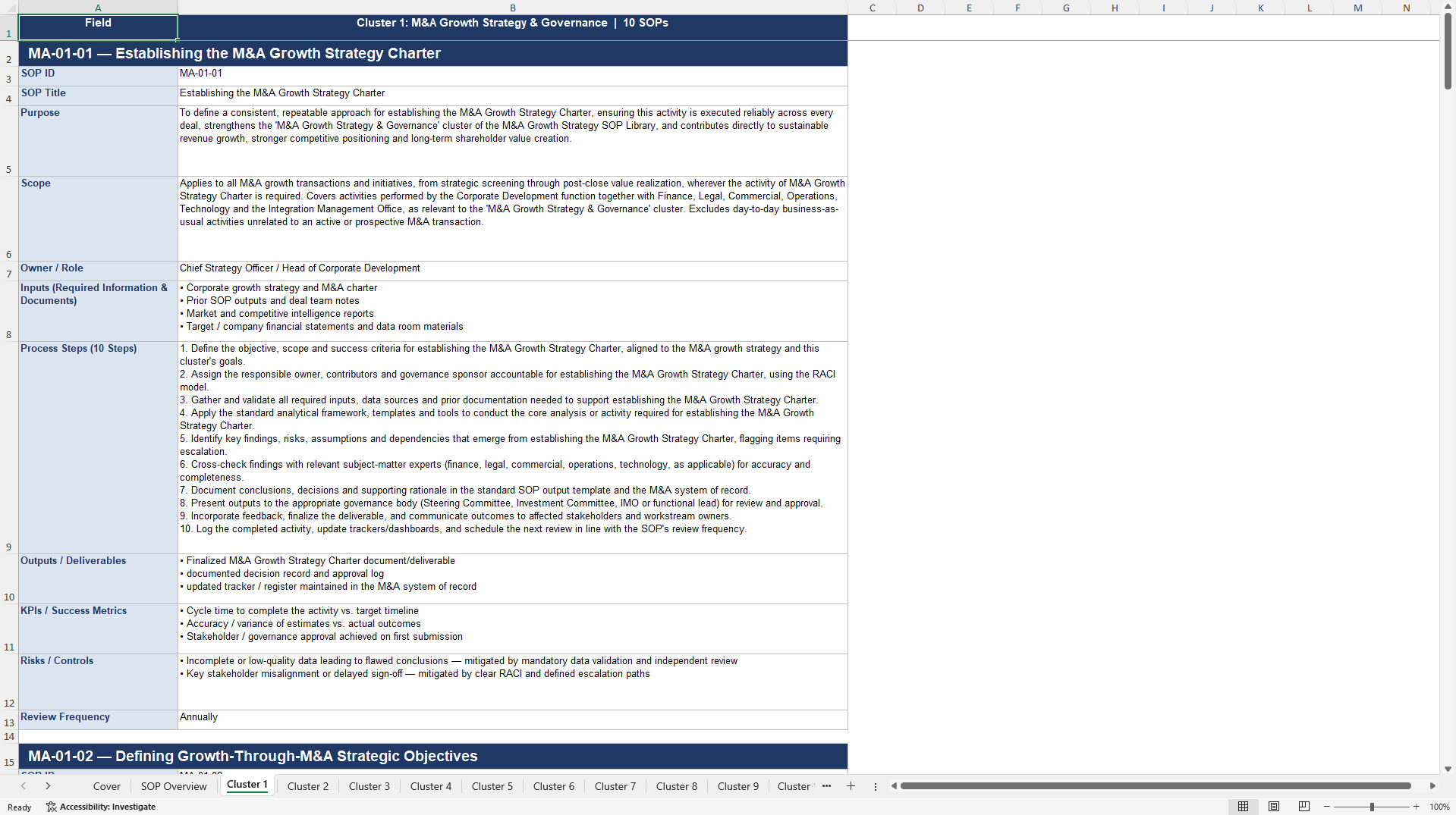 100+ M&A Growth Strategy SOPs (Excel template (XLSX)) Preview Image
