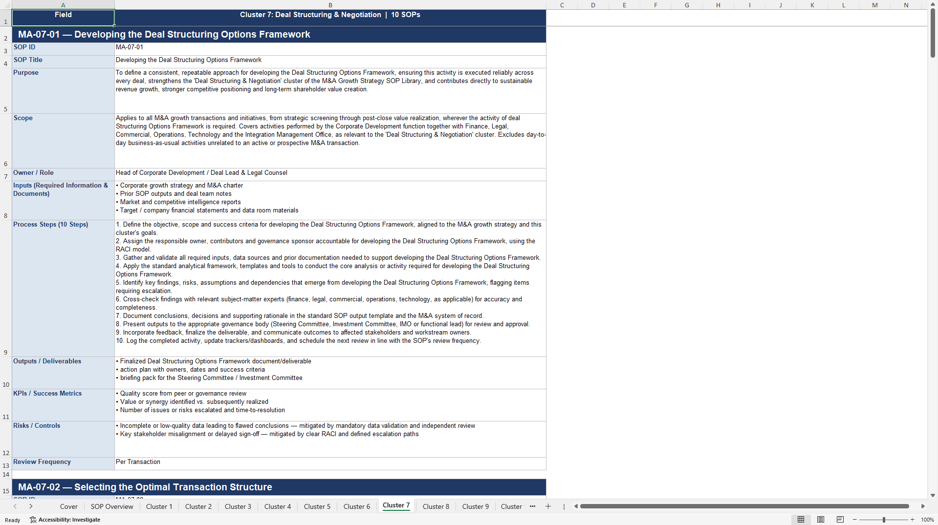 100+ M&A Growth Strategy SOPs (Excel template (XLSX)) Preview Image