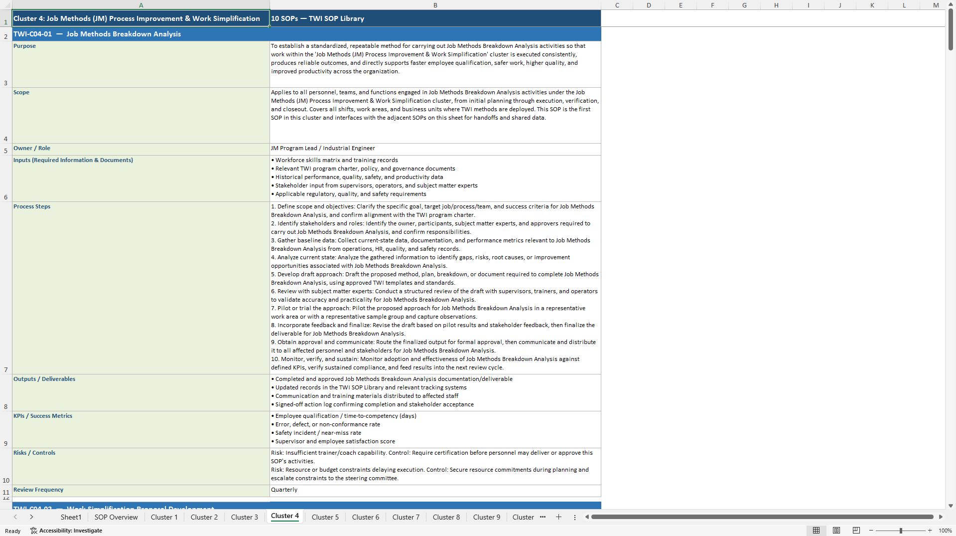 100+ Training within Industry (TWI) SOPs (Excel template (XLSX)) Preview Image