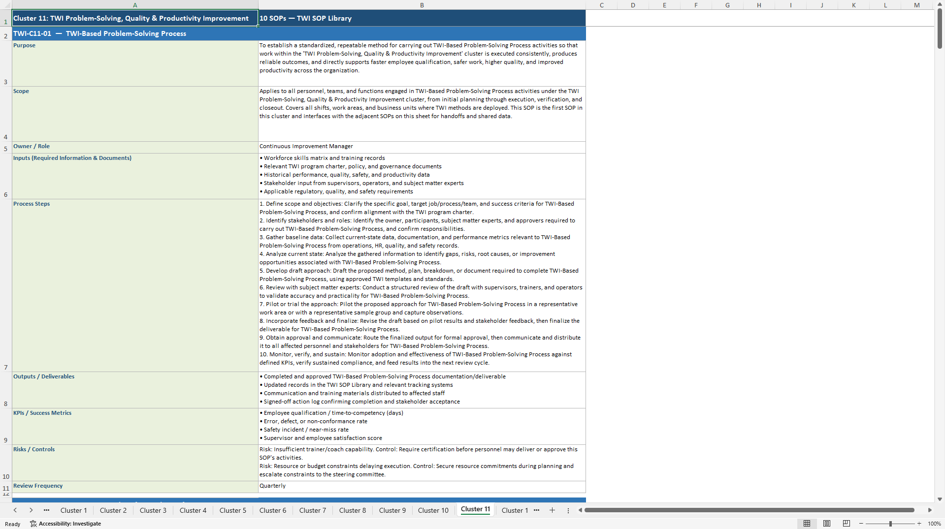 100+ Training within Industry (TWI) SOPs (Excel template (XLSX)) Preview Image