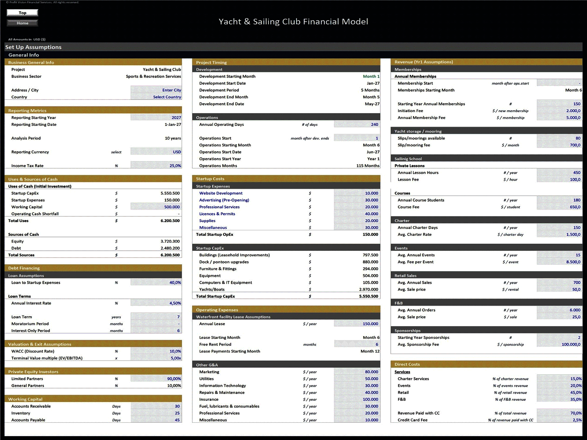 Yacht & Sailing Club – 10 Year Financial Model (Excel template (XLSX)) Preview Image