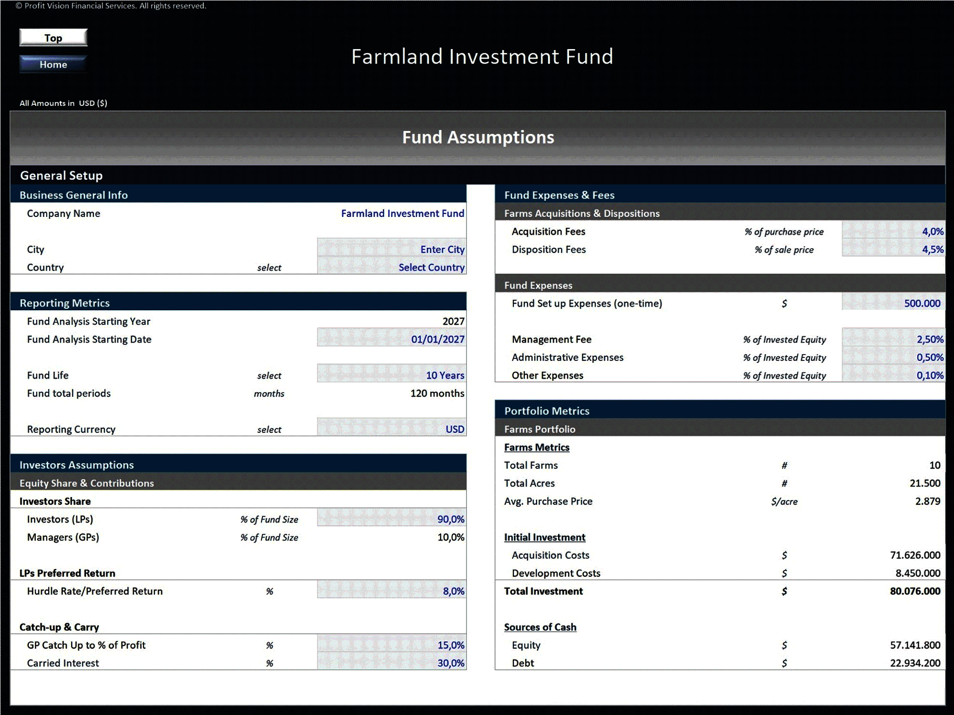 Farmland Investment Fund – 10 Year Financial Model (Excel template (XLSX)) Preview Image