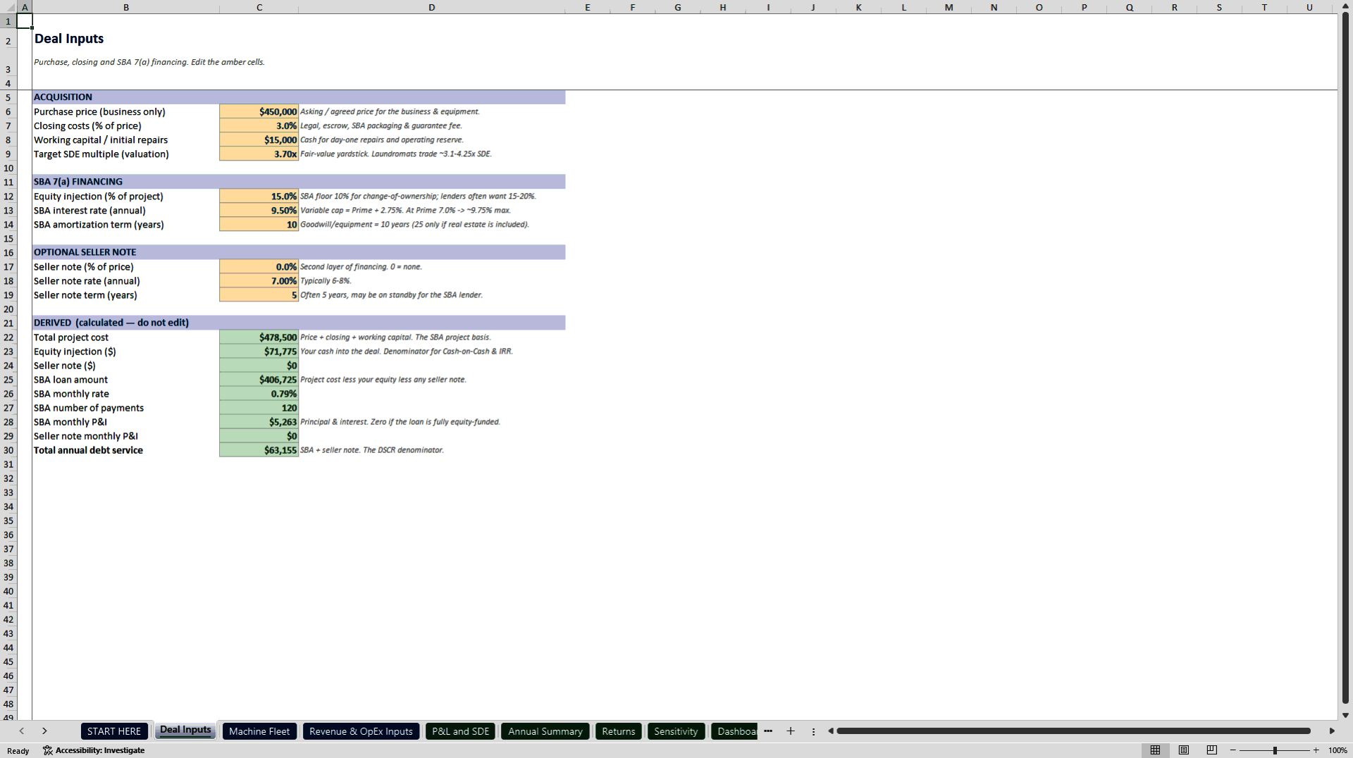 Laundromat Acquisition and SBA Underwriting Model (Excel template (XLSX)) Preview Image