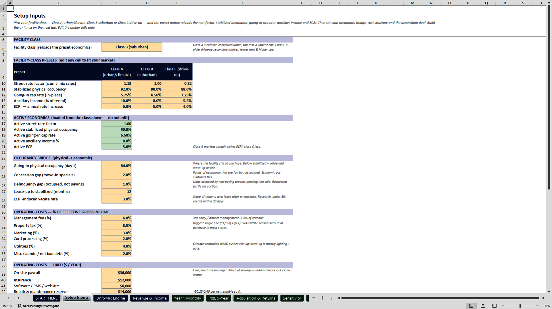 Self-Storage Acquisition and Underwriting Model (Excel template (XLSX)) Preview Image