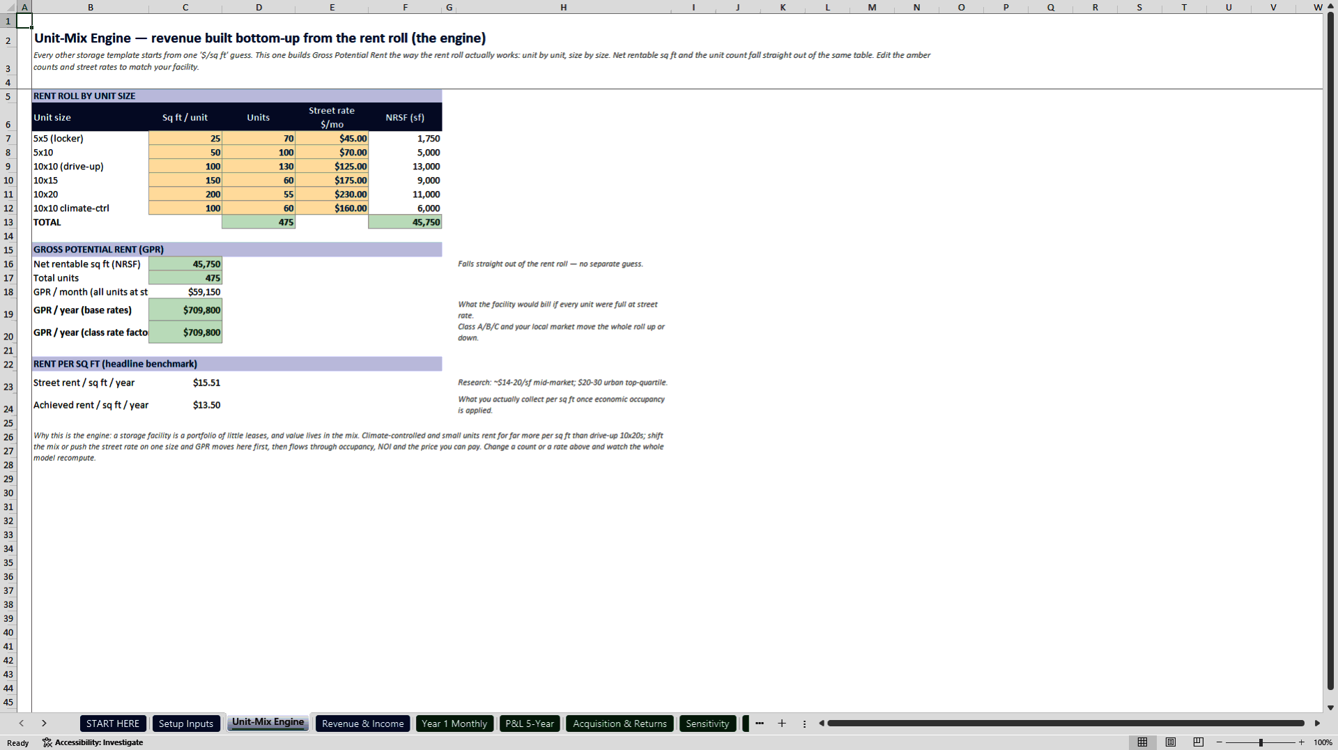 Self-Storage Acquisition and Underwriting Model (Excel template (XLSX)) Preview Image