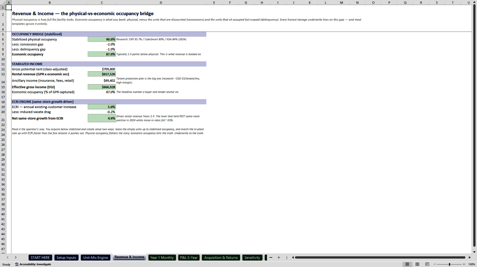 Self-Storage Acquisition and Underwriting Model (Excel template (XLSX)) Preview Image