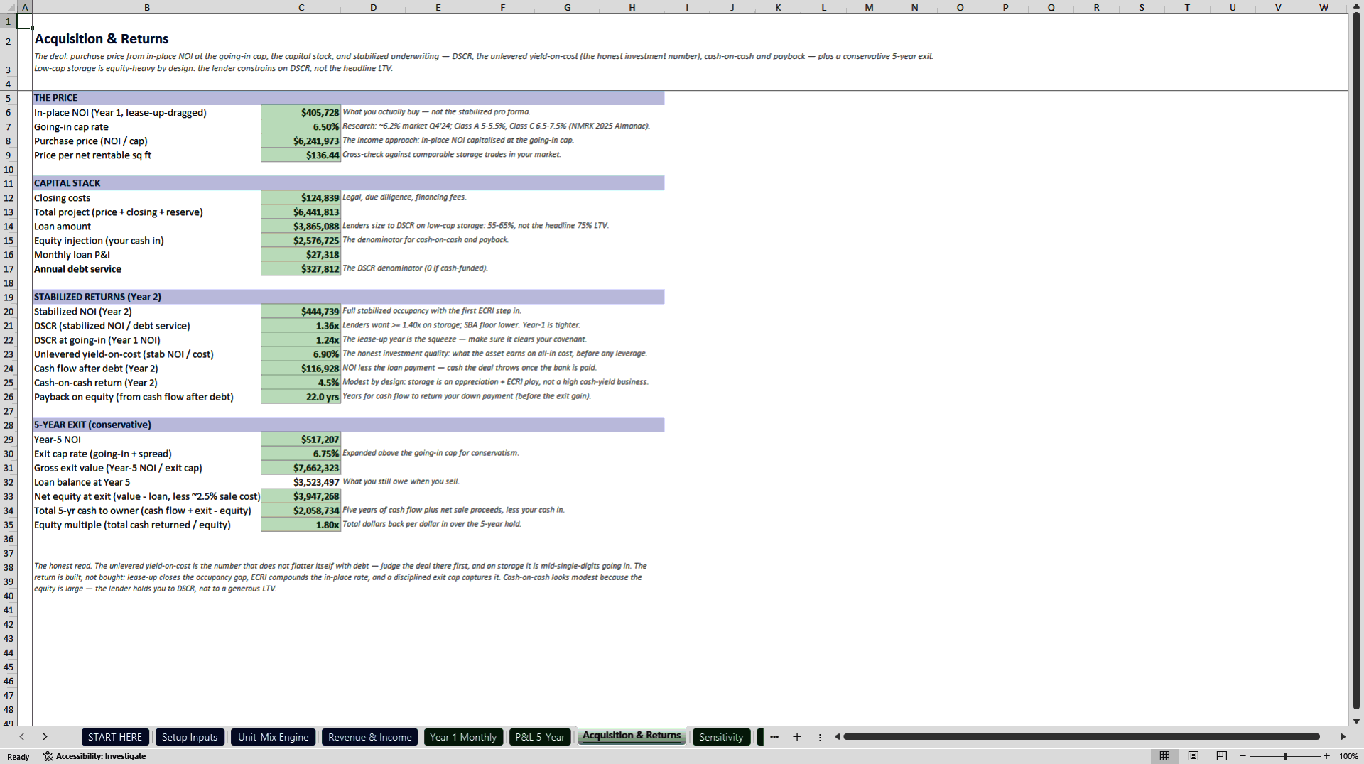 Self-Storage Acquisition and Underwriting Model (Excel template (XLSX)) Preview Image