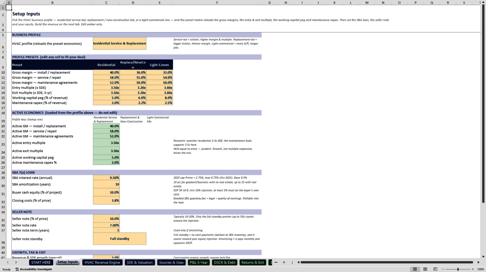 HVAC and Home Services Acquisition and Underwriting Model (Excel template (XLSX)) Preview Image