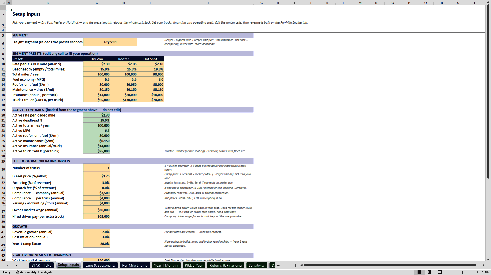 Trucking Owner-Operator and Small Fleet Financial Model (Excel template (XLSX)) Preview Image