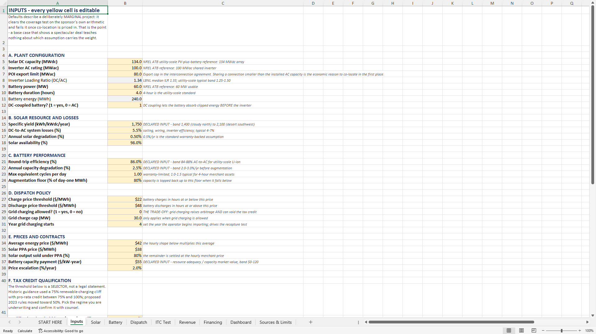 Co-Located Solar + BESS: Shared-POI Underwriting (Excel template (XLSX)) Preview Image