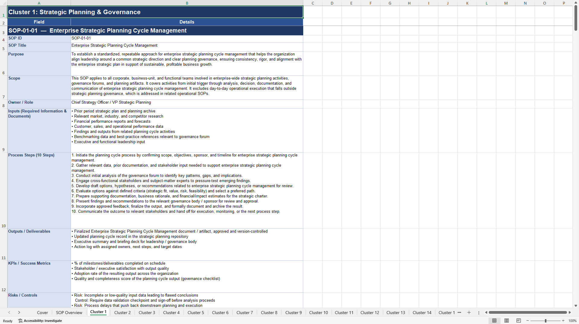 100+ Strategic Planning for Business Growth SOPs (Excel template (XLSX)) Preview Image