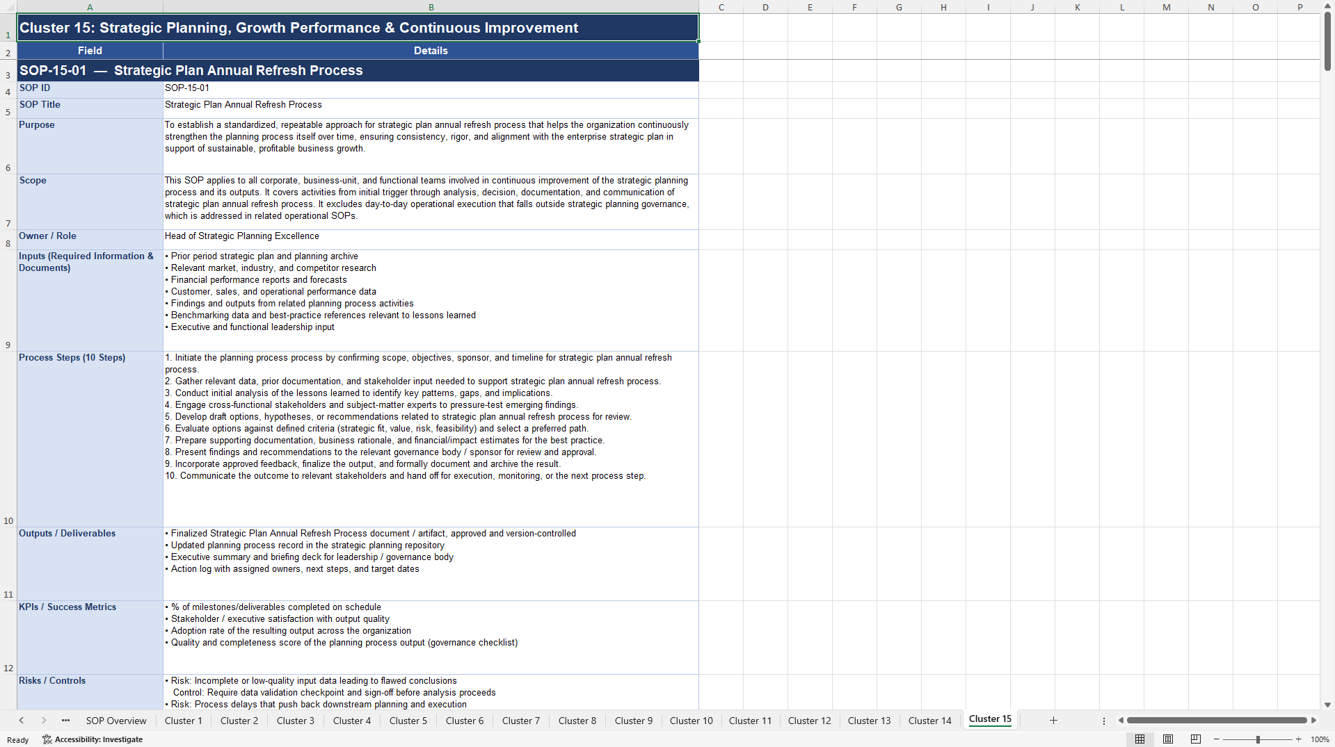100+ Strategic Planning for Business Growth SOPs (Excel template (XLSX)) Preview Image