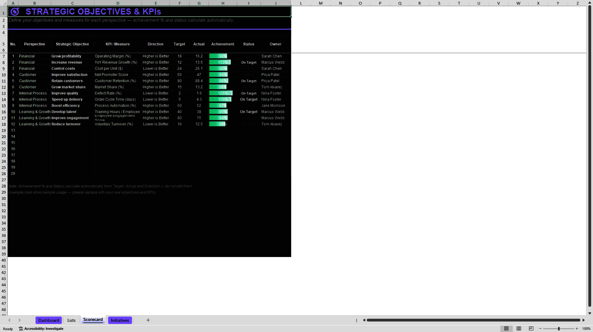 Balanced Scorecard Dashboard (Excel template (XLSX)) Preview Image