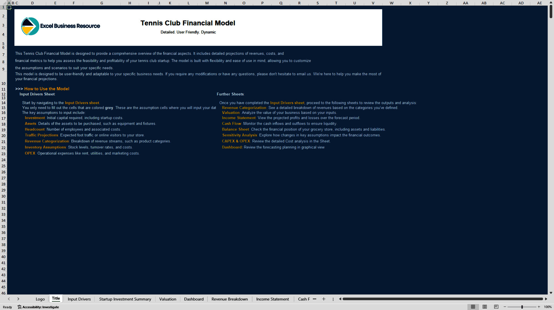 Tennis Club Financial Projection Model (Excel template (XLSX)) Preview Image