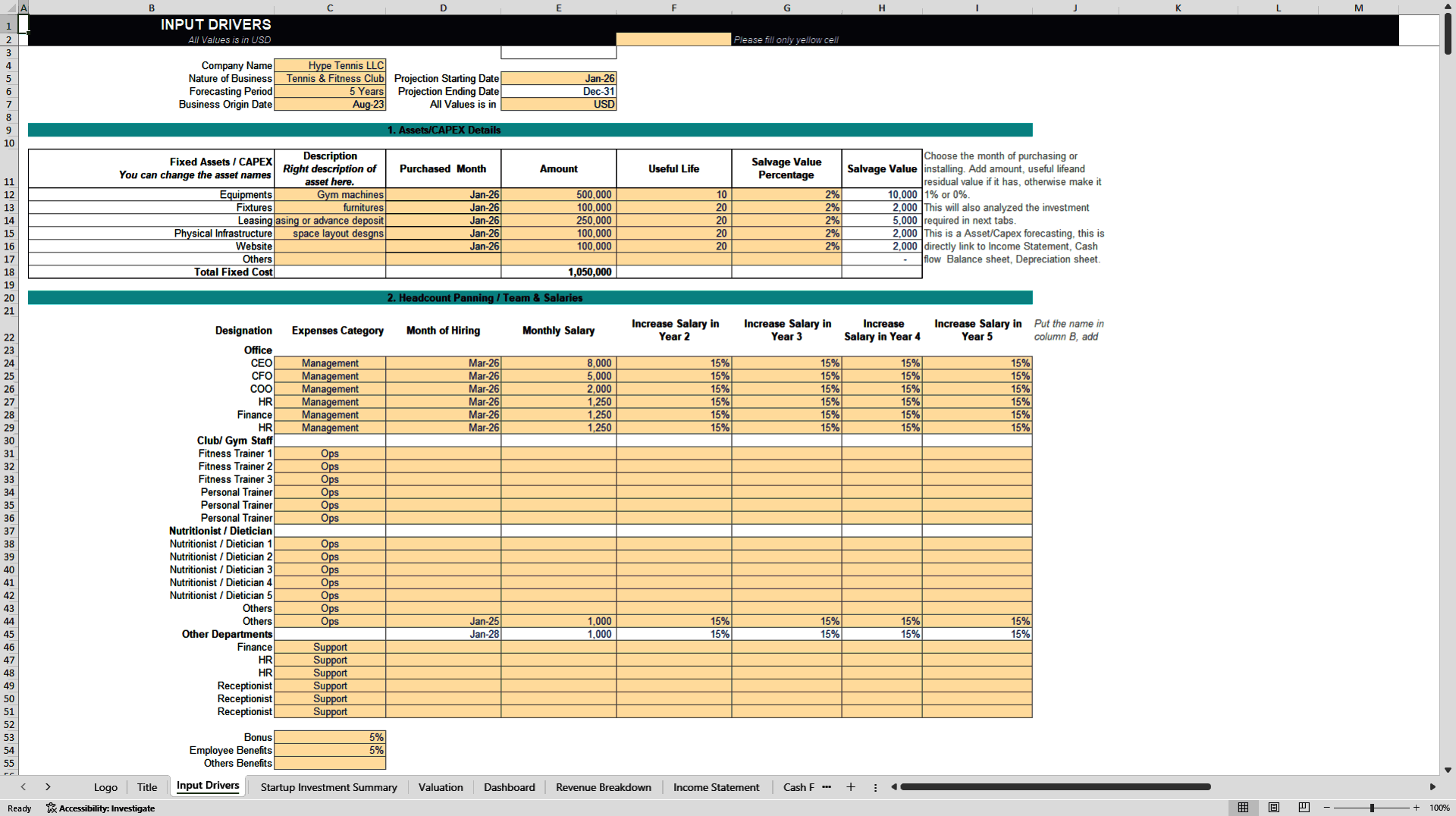 Tennis Club Financial Projection Model (Excel template (XLSX)) Preview Image