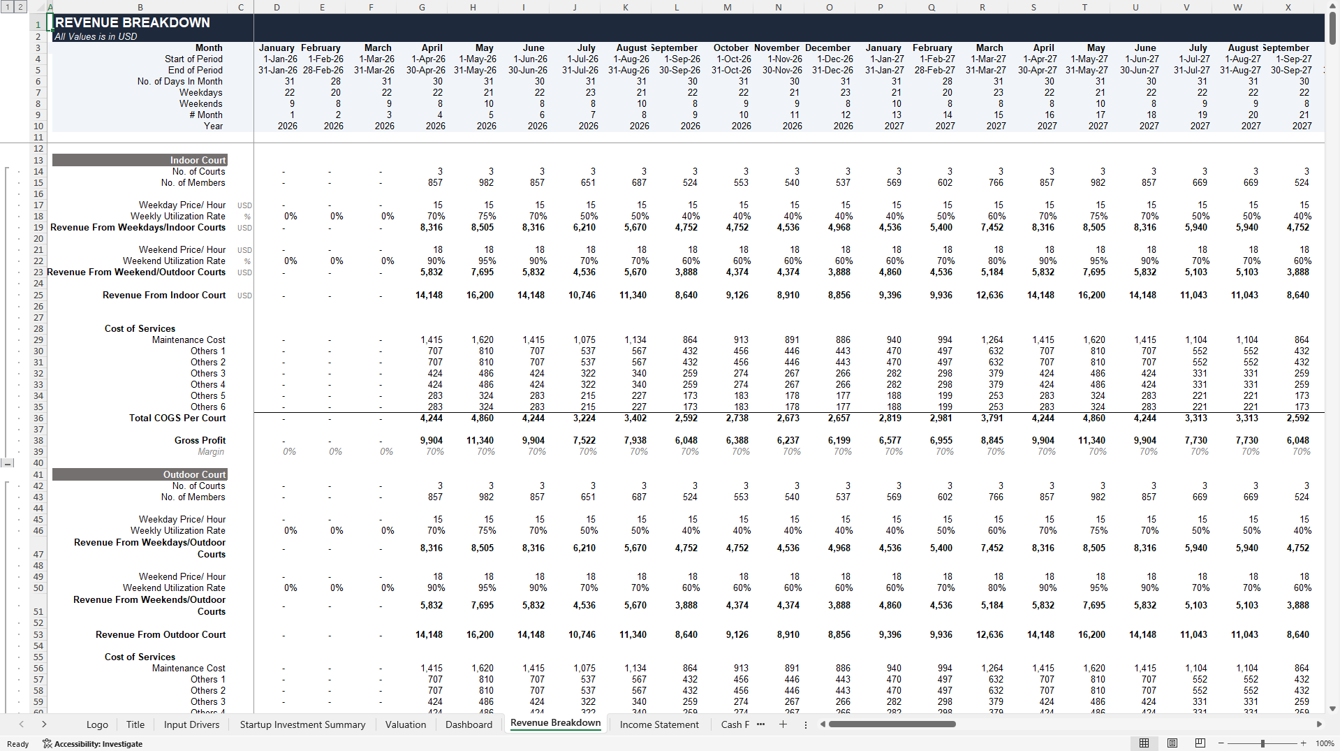 Tennis Club Financial Projection Model (Excel template (XLSX)) Preview Image