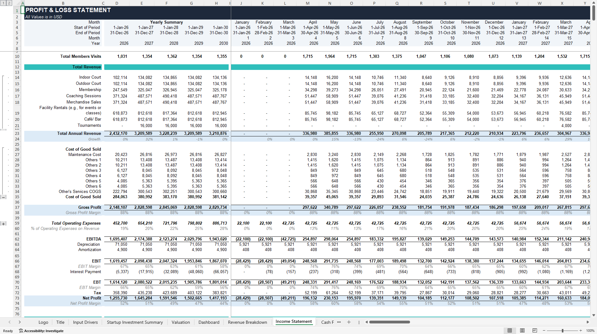 Tennis Club Financial Projection Model (Excel template (XLSX)) Preview Image