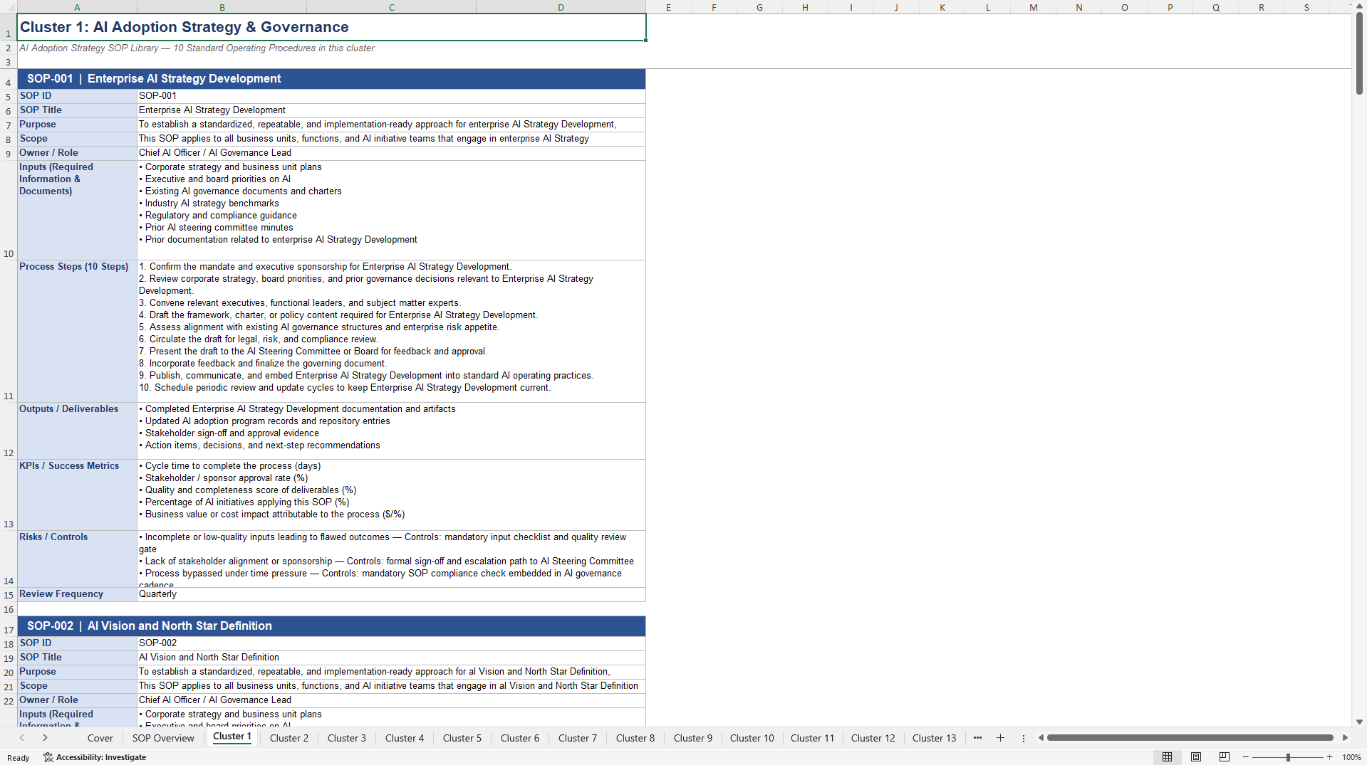 100+ AI Adoption Strategy SOPs (Excel template (XLSX)) Preview Image