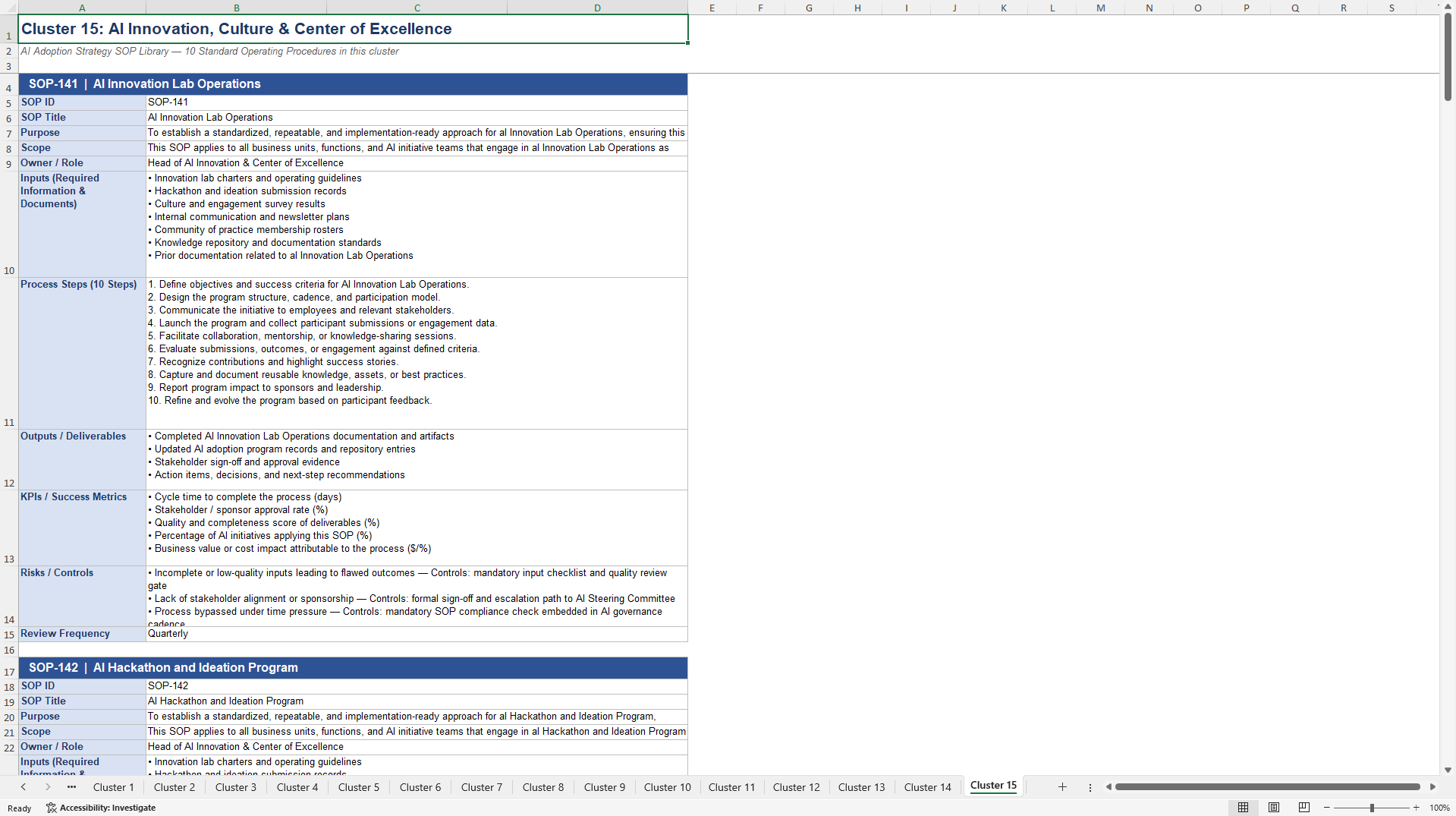 100+ AI Adoption Strategy SOPs (Excel template (XLSX)) Preview Image