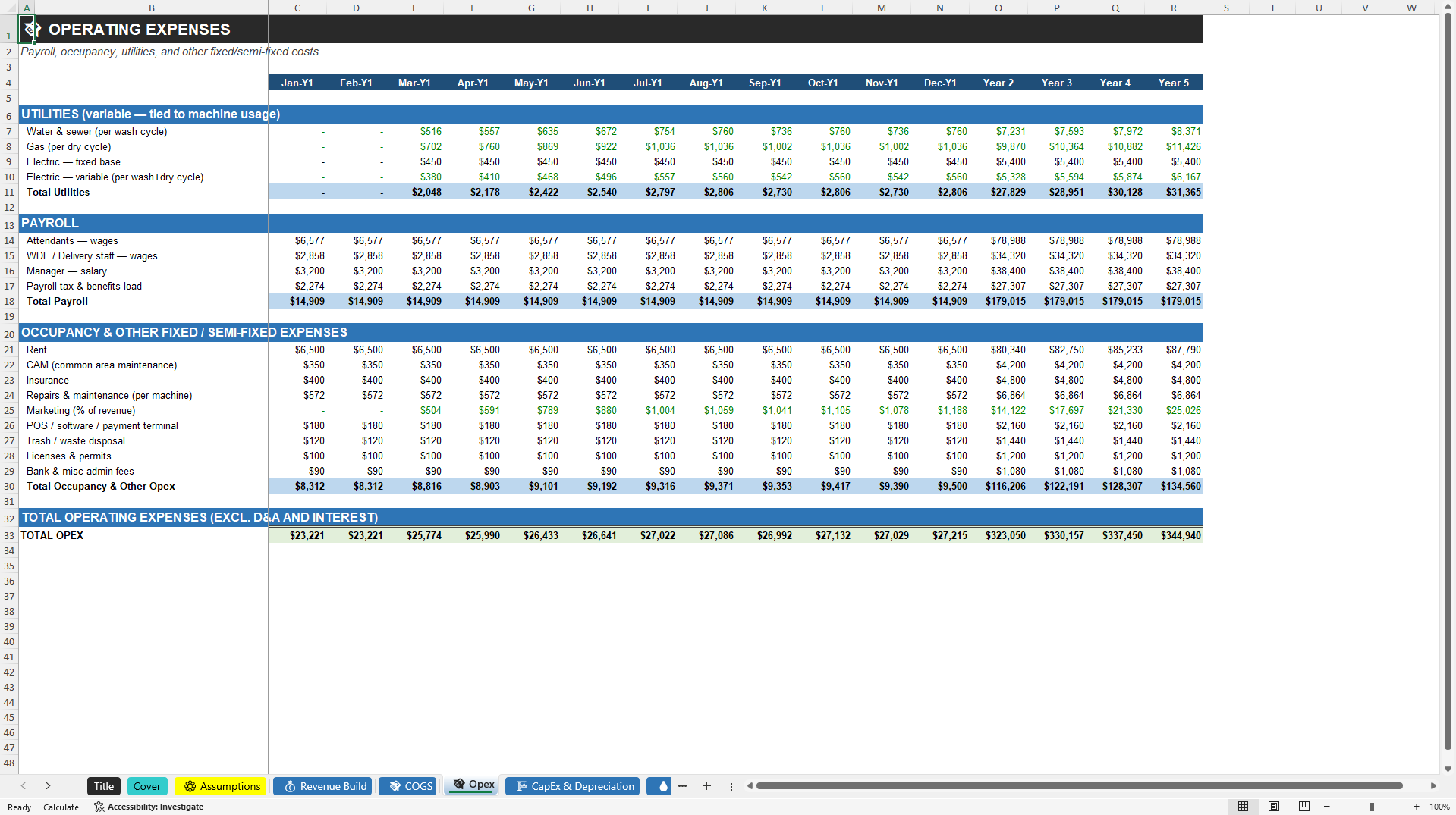 Laundromat Financial Projection Model (Excel template (XLSX)) Preview Image
