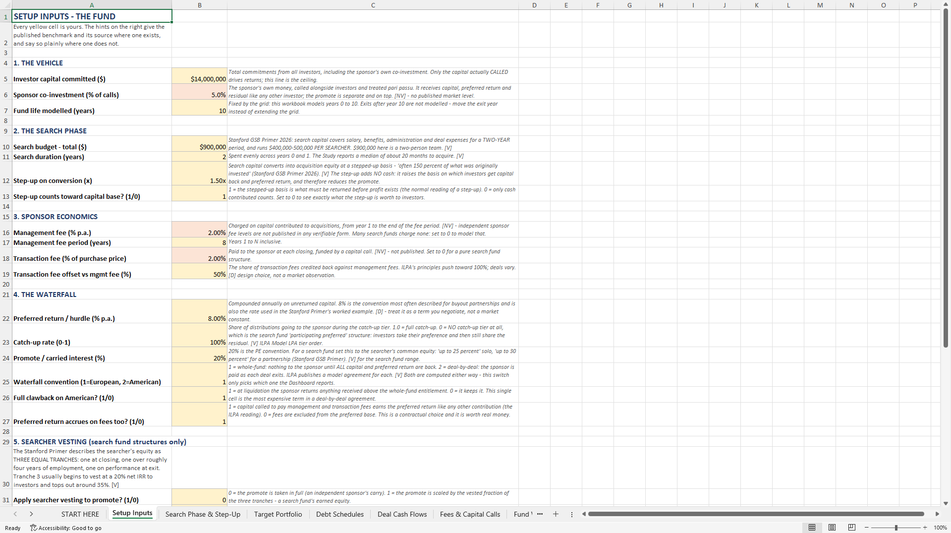 Search Fund & Holdco Model with LP/GP Waterfall (Excel template (XLSX)) Preview Image