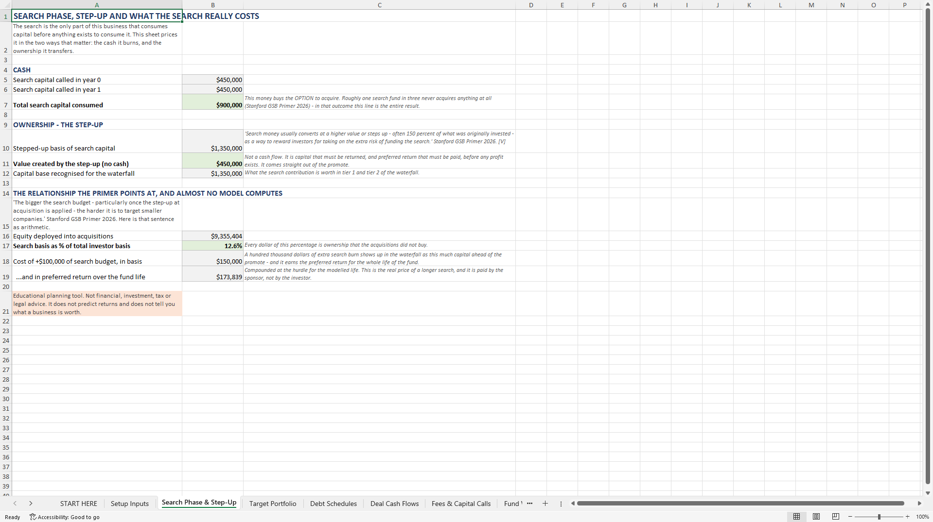 Search Fund & Holdco Model with LP/GP Waterfall (Excel template (XLSX)) Preview Image