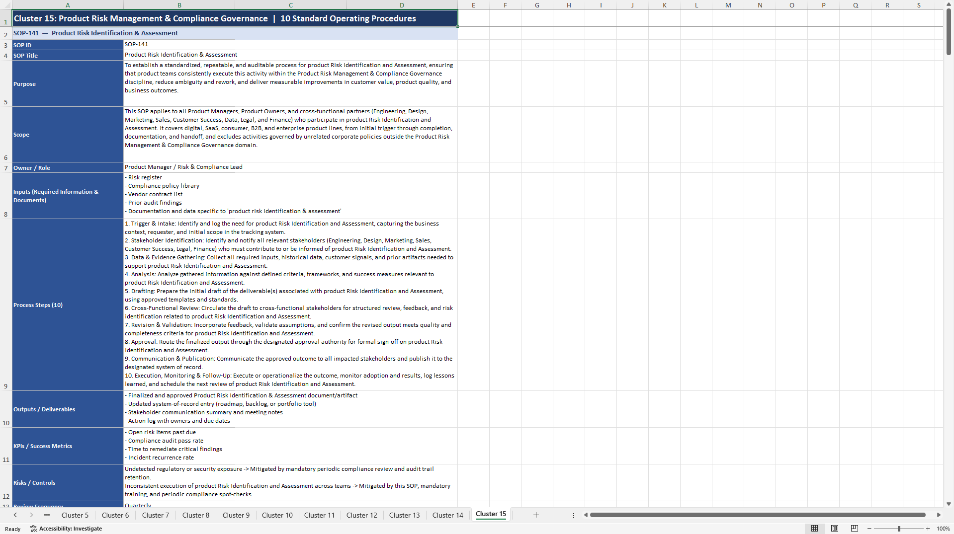 100+ Product Management SOPs (Excel template (XLSX)) Preview Image