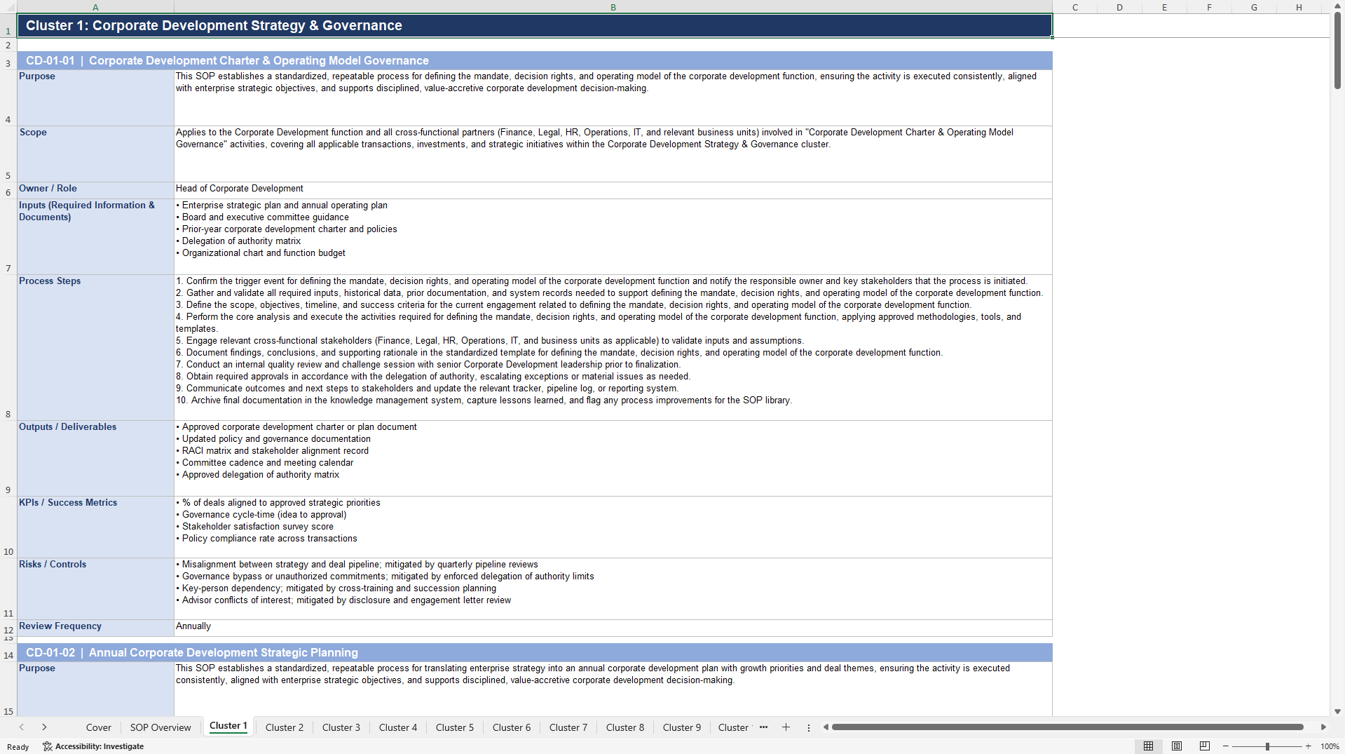100+ Corporate Development SOPs (Excel template (XLSX)) Preview Image
