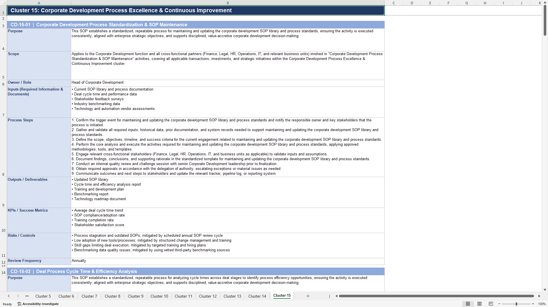 100+ Corporate Development SOPs (Excel template (XLSX)) Preview Image