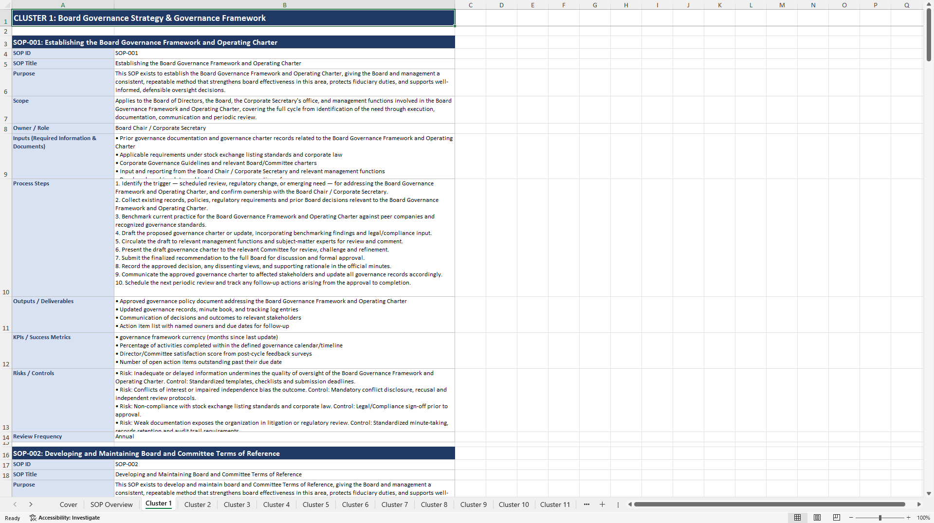 100+ Board Excellence SOPs (Excel template (XLSX)) Preview Image