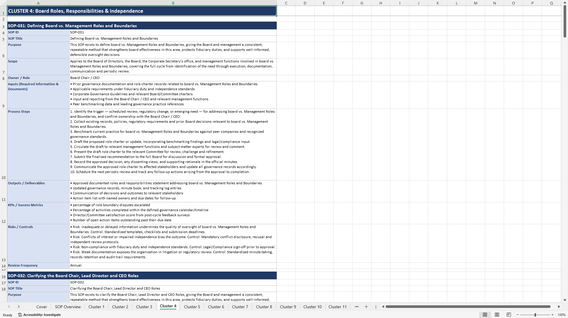 100+ Board Excellence SOPs (Excel template (XLSX)) Preview Image