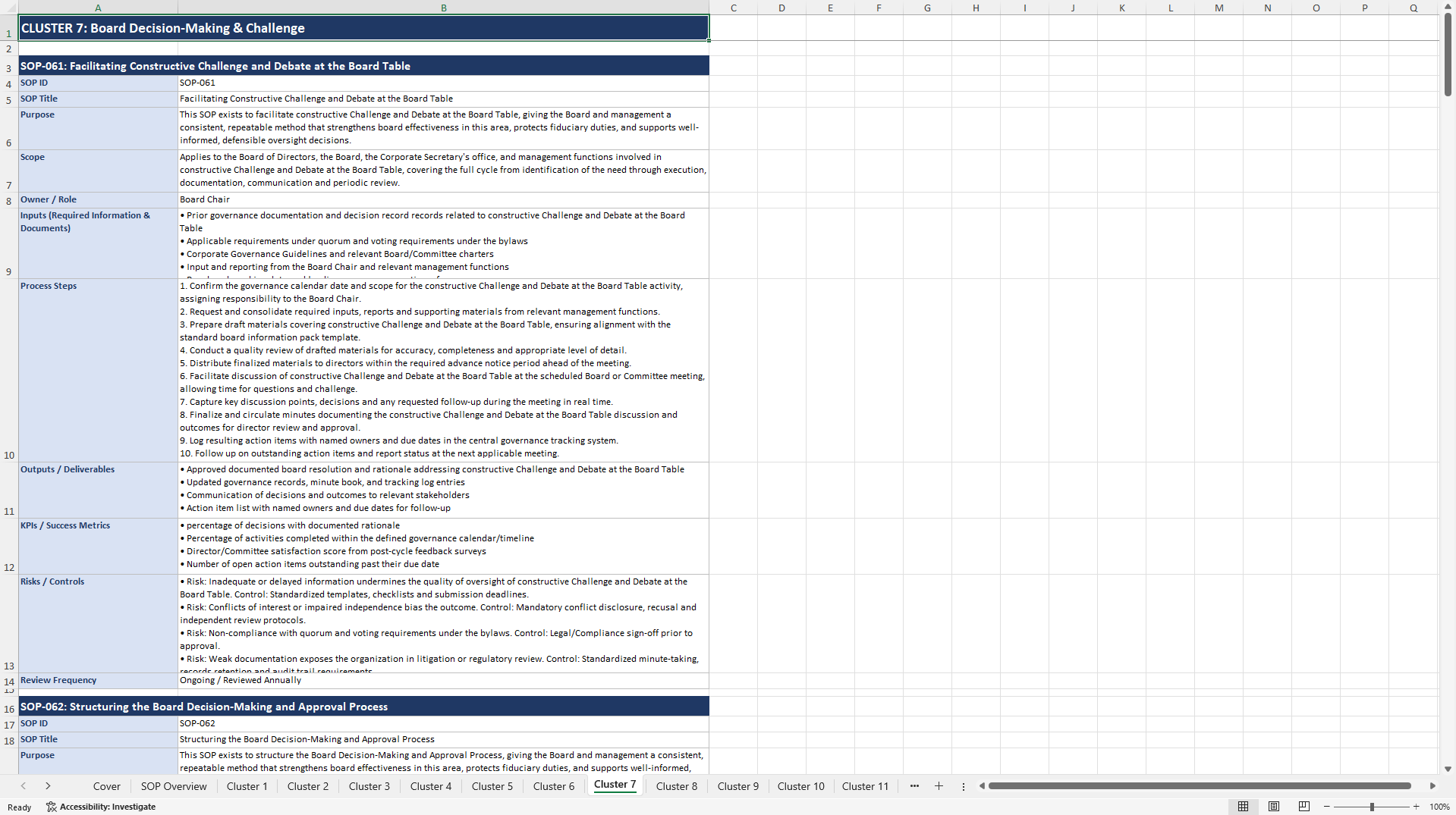 100+ Board Excellence SOPs (Excel template (XLSX)) Preview Image
