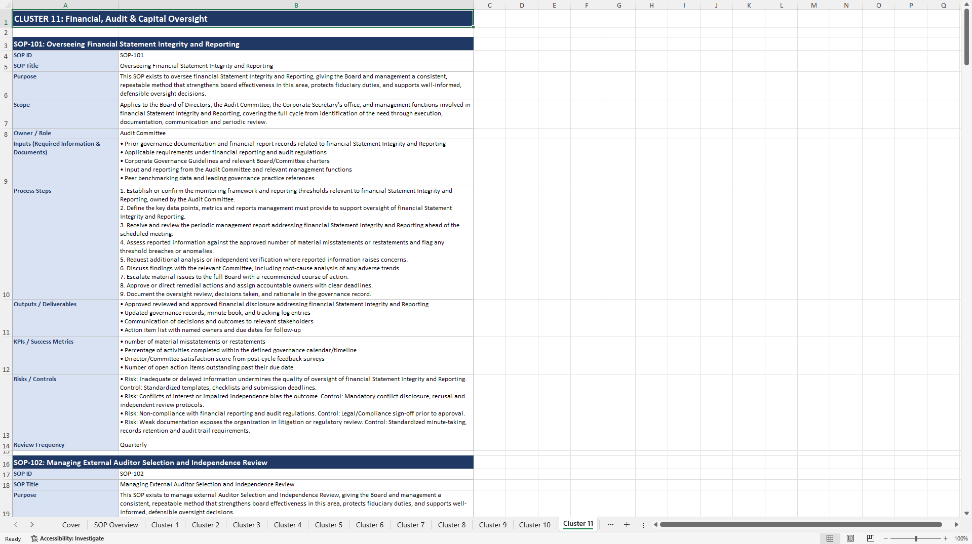 100+ Board Excellence SOPs (Excel template (XLSX)) Preview Image