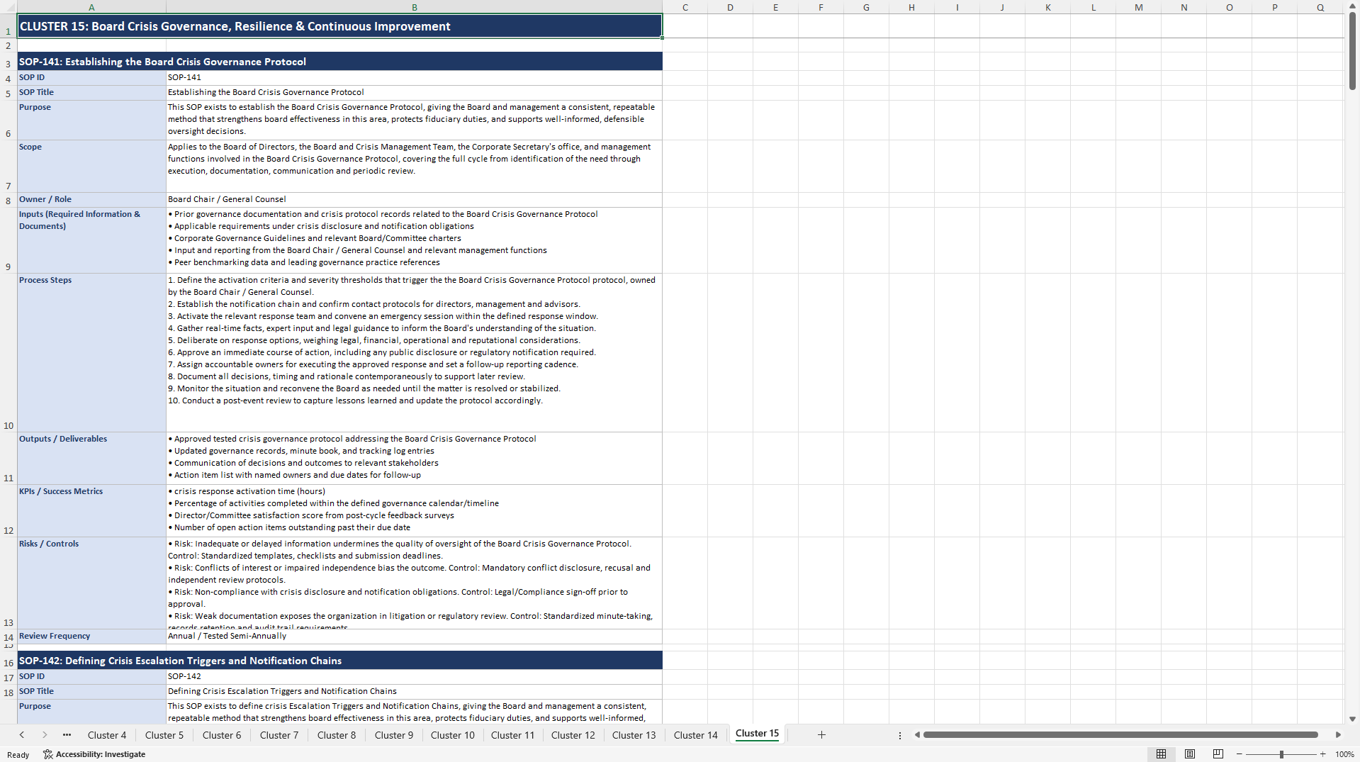 100+ Board Excellence SOPs (Excel template (XLSX)) Preview Image