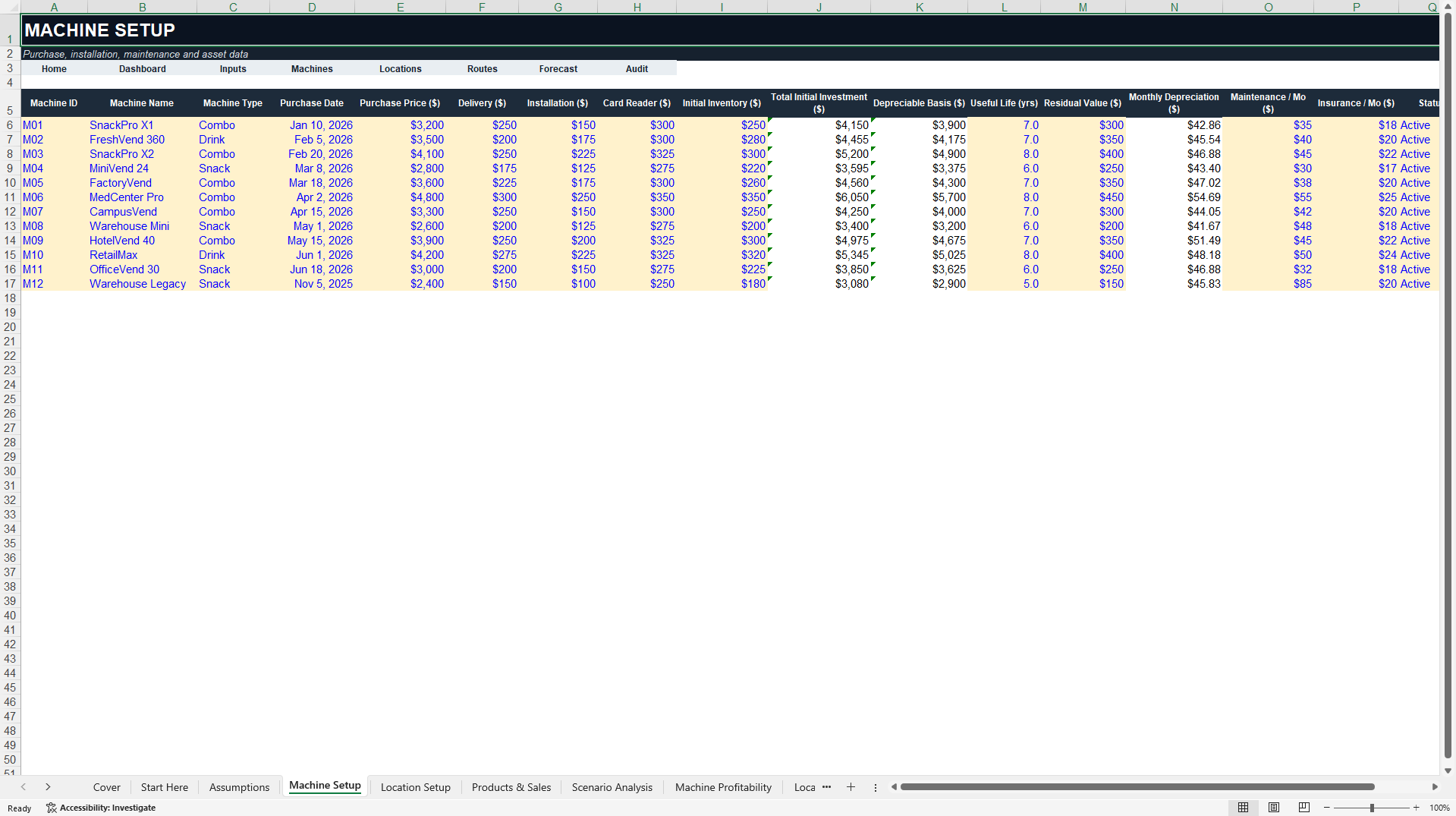Vending Machine Profitability and Route Model (Excel template (XLSX)) Preview Image