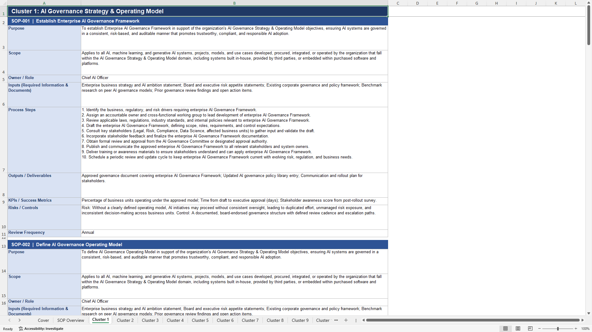 100+ AI Governance & Responsible AI SOPs (Excel template (XLSX)) Preview Image