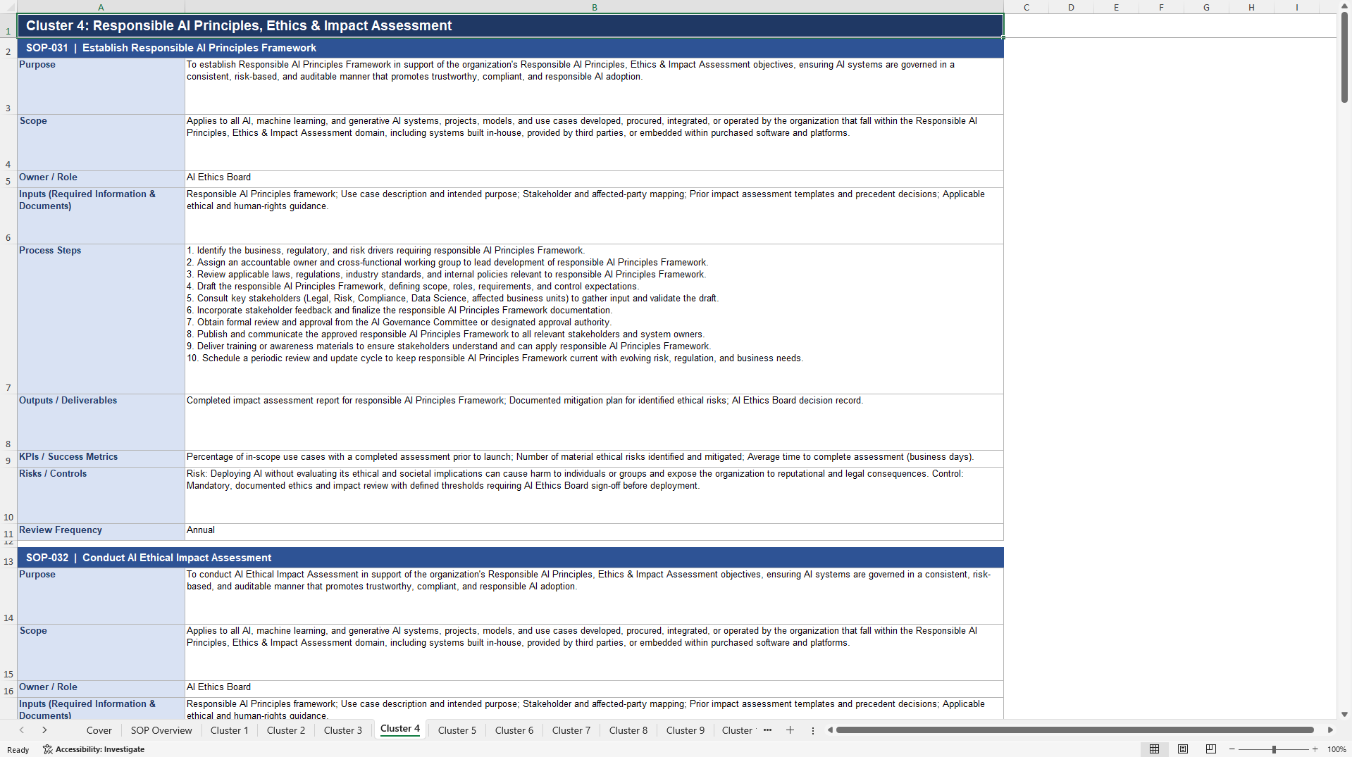 100+ AI Governance & Responsible AI SOPs (Excel template (XLSX)) Preview Image
