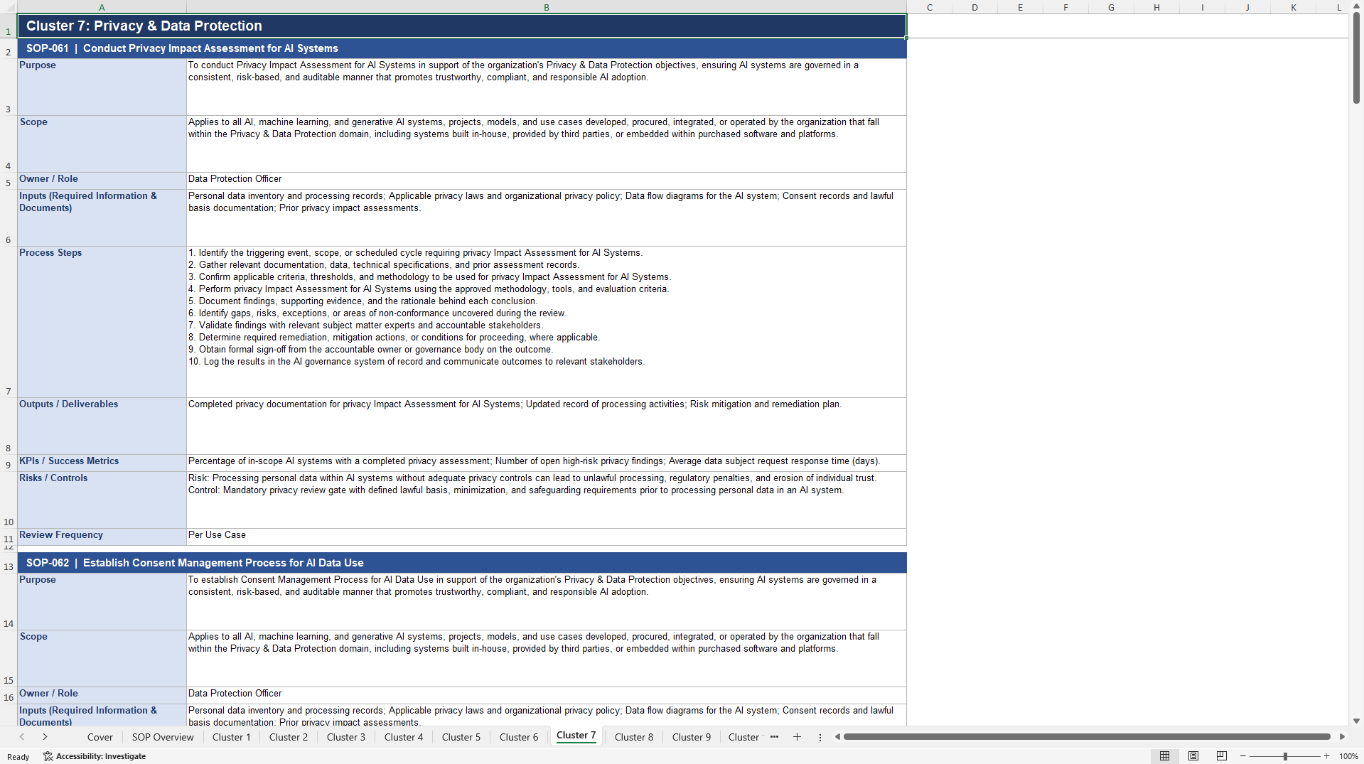 100+ AI Governance & Responsible AI SOPs (Excel template (XLSX)) Preview Image