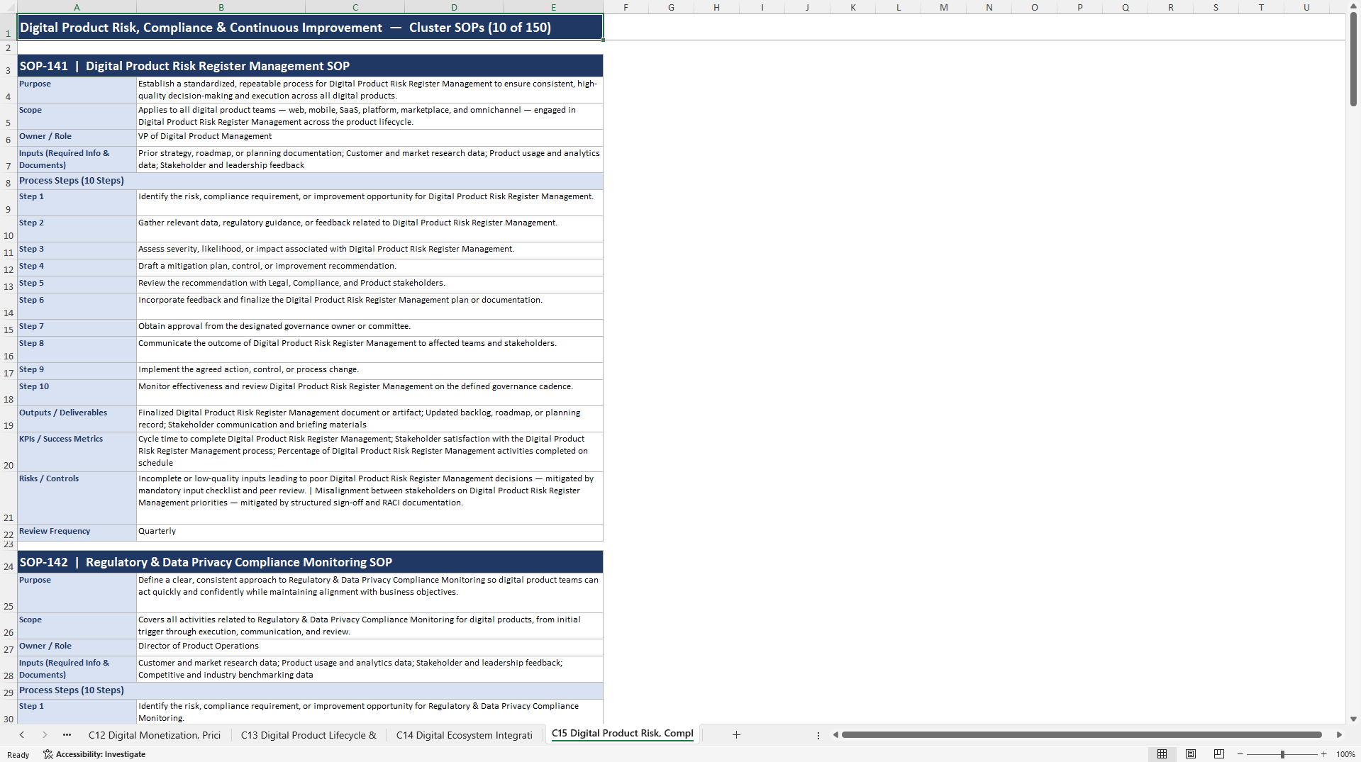 100+ Digital Product Management SOPs (Excel template (XLSX)) Preview Image
